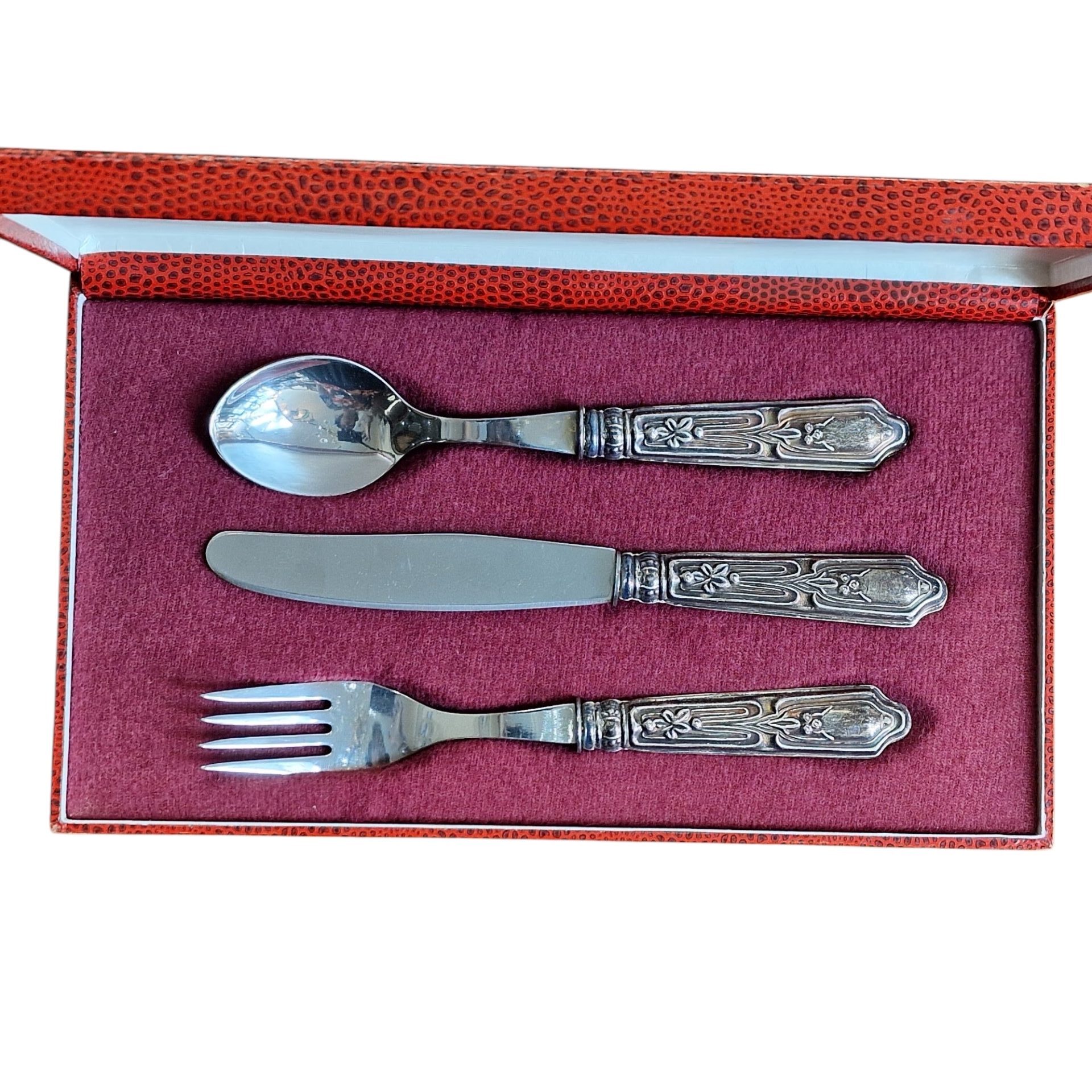 Conjunto de Talheres Infantis em Prata com Estojo – 3 Peças Clássicas