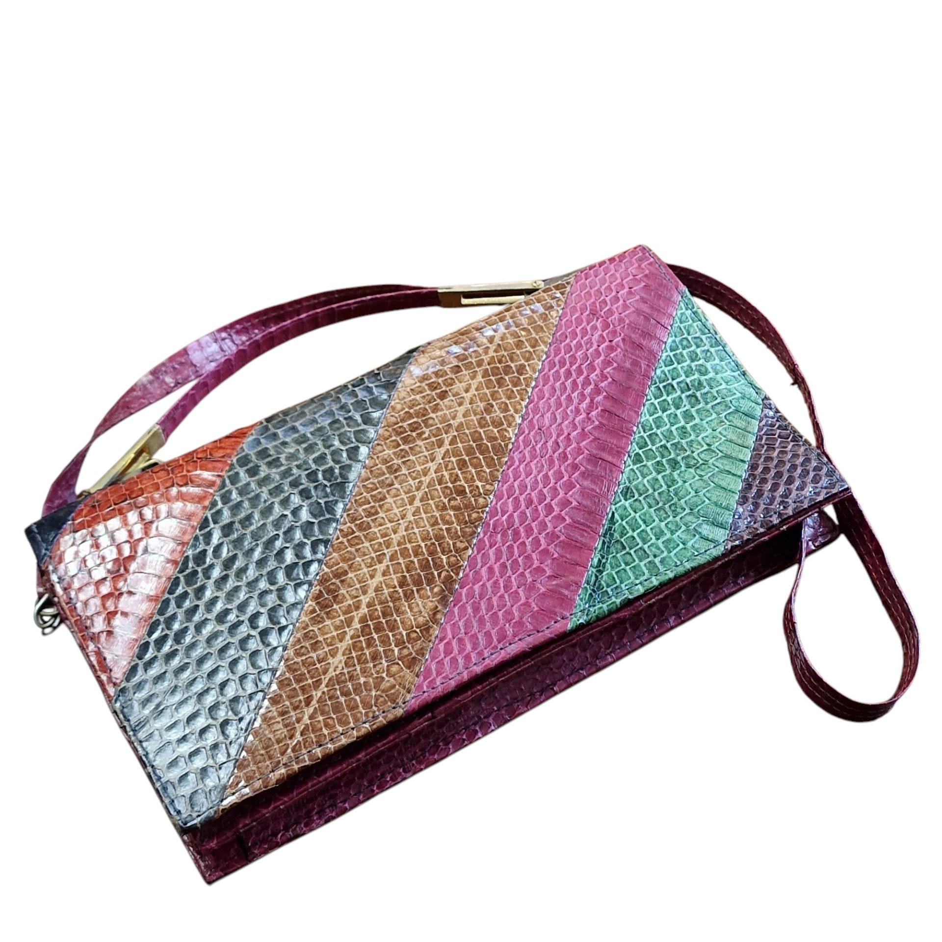 Mala vintage em pele de cobra genuína com alça dourada