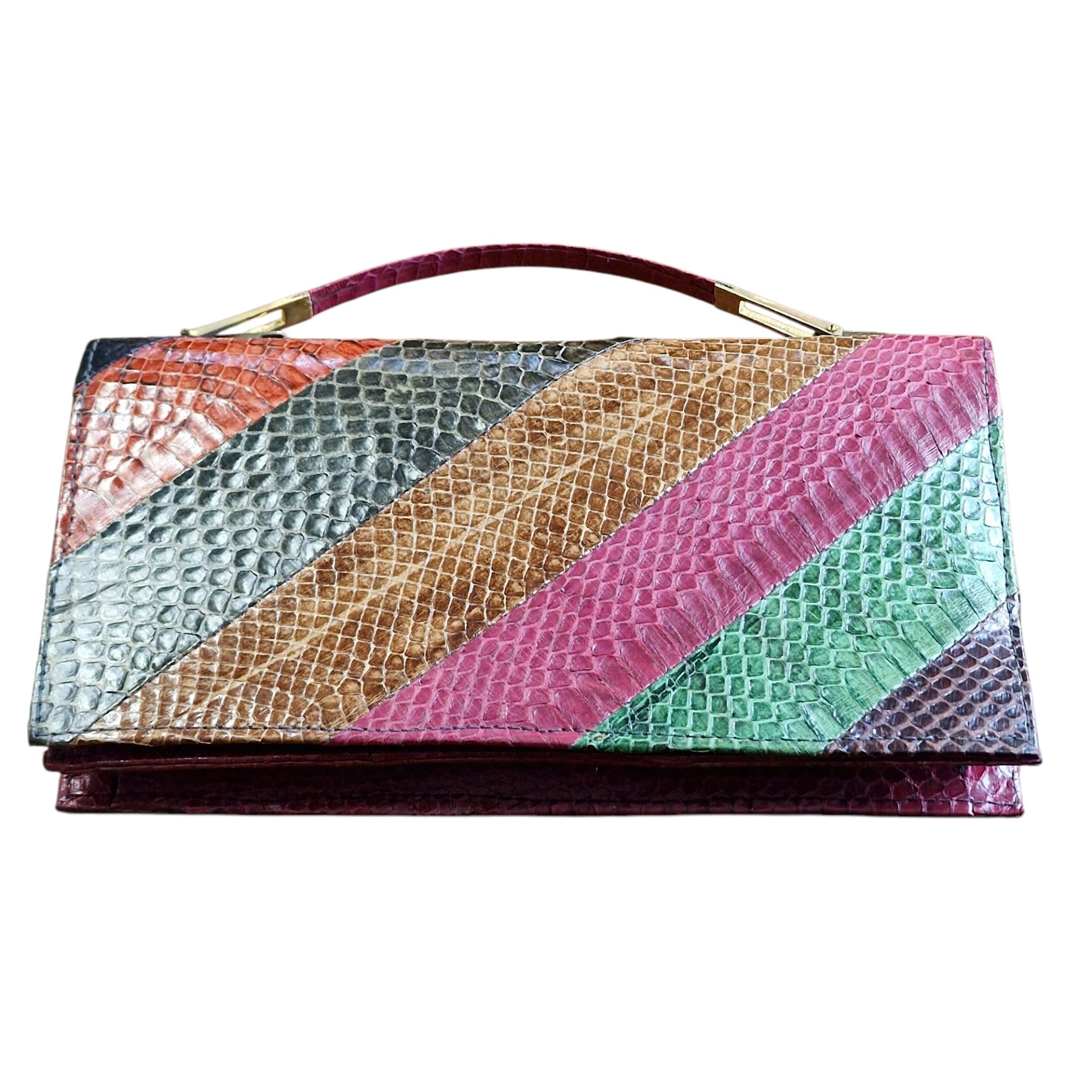 Mala vintage em pele de cobra genuína com alça dourada