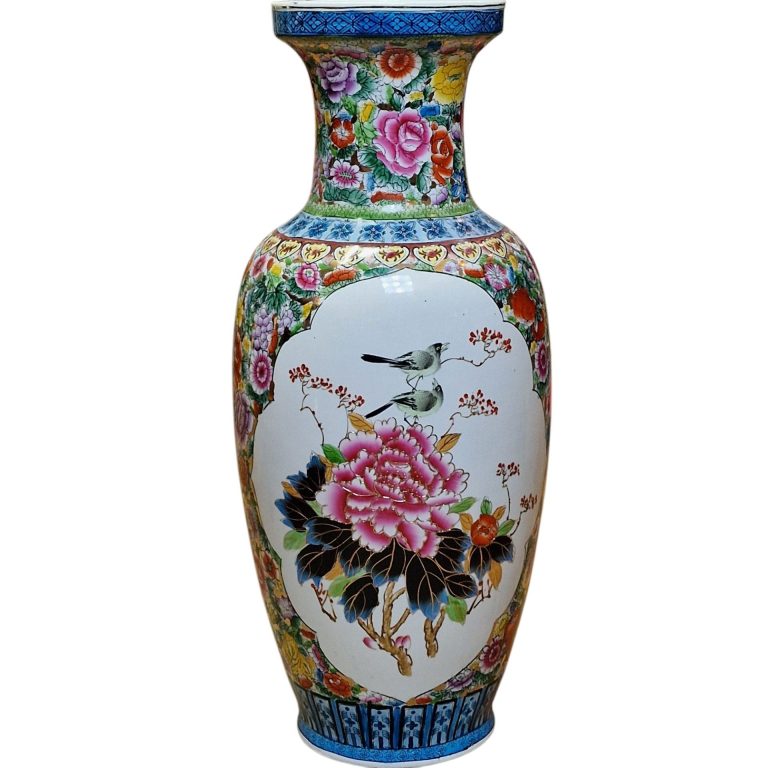 Vaso chinês em porcelana com decoração floral e aves – 62 cm