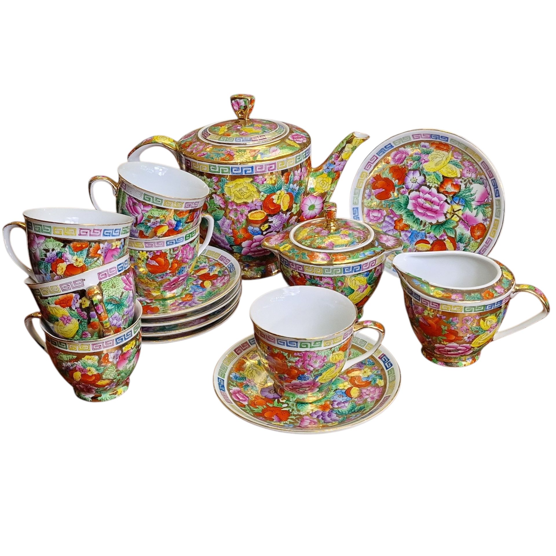 Conjunto de Chá Chinês "Made in China" com Decoração Floral Multicolorida