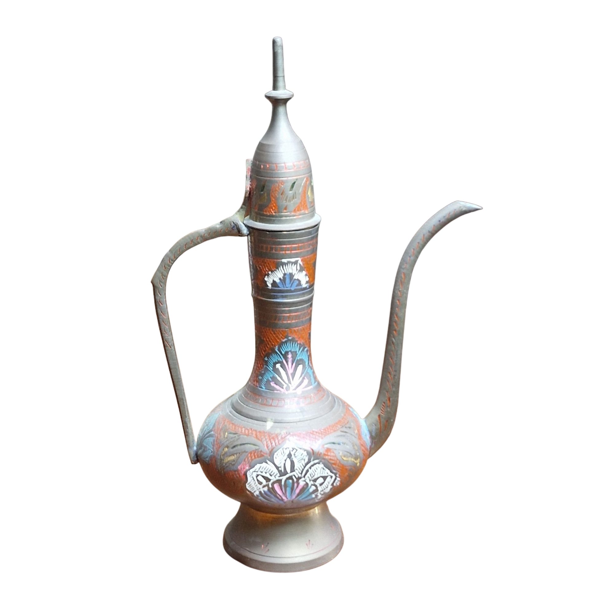 Bule indiano em cobre ornamentado com esmalte policromado