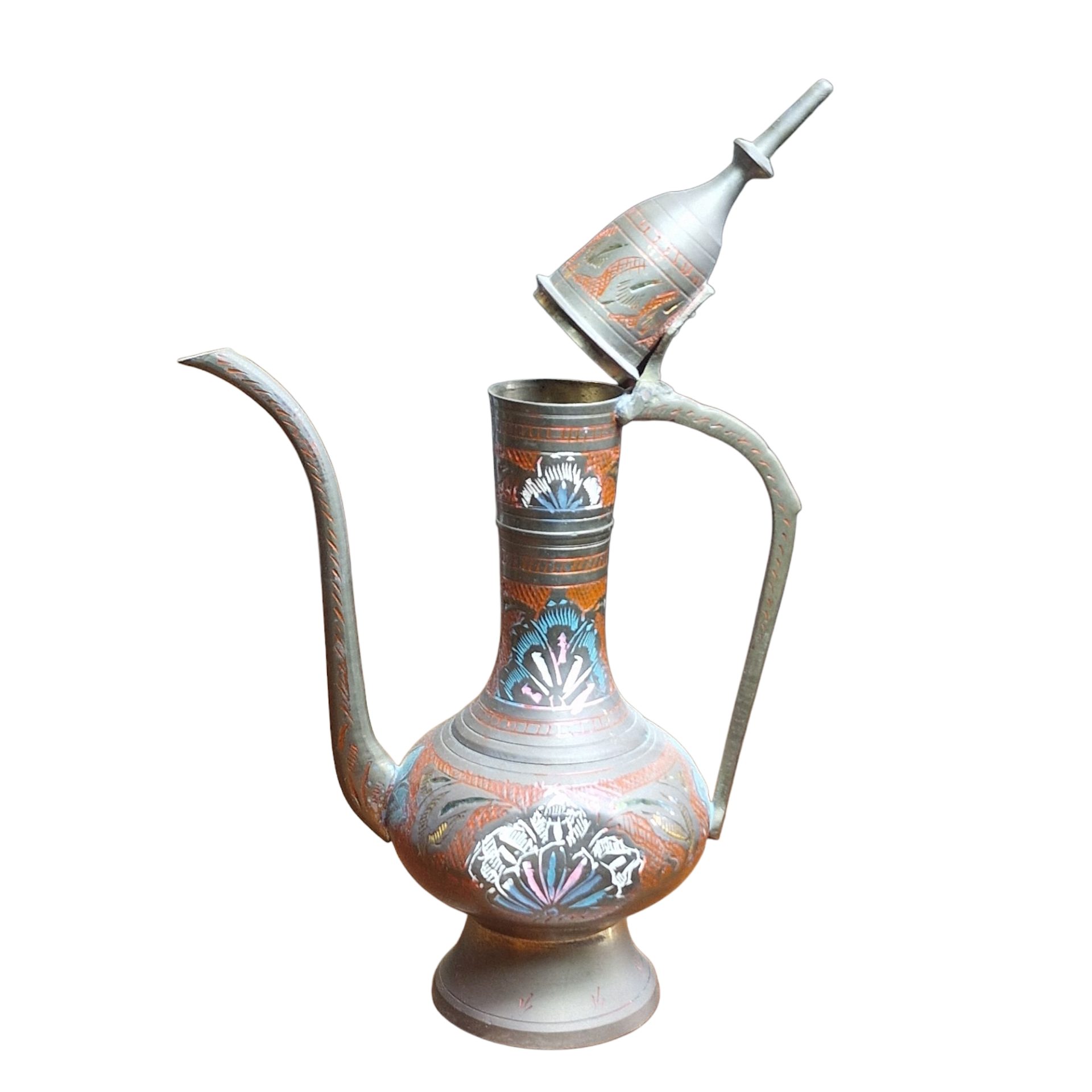 Bule indiano em cobre ornamentado com esmalte policromado