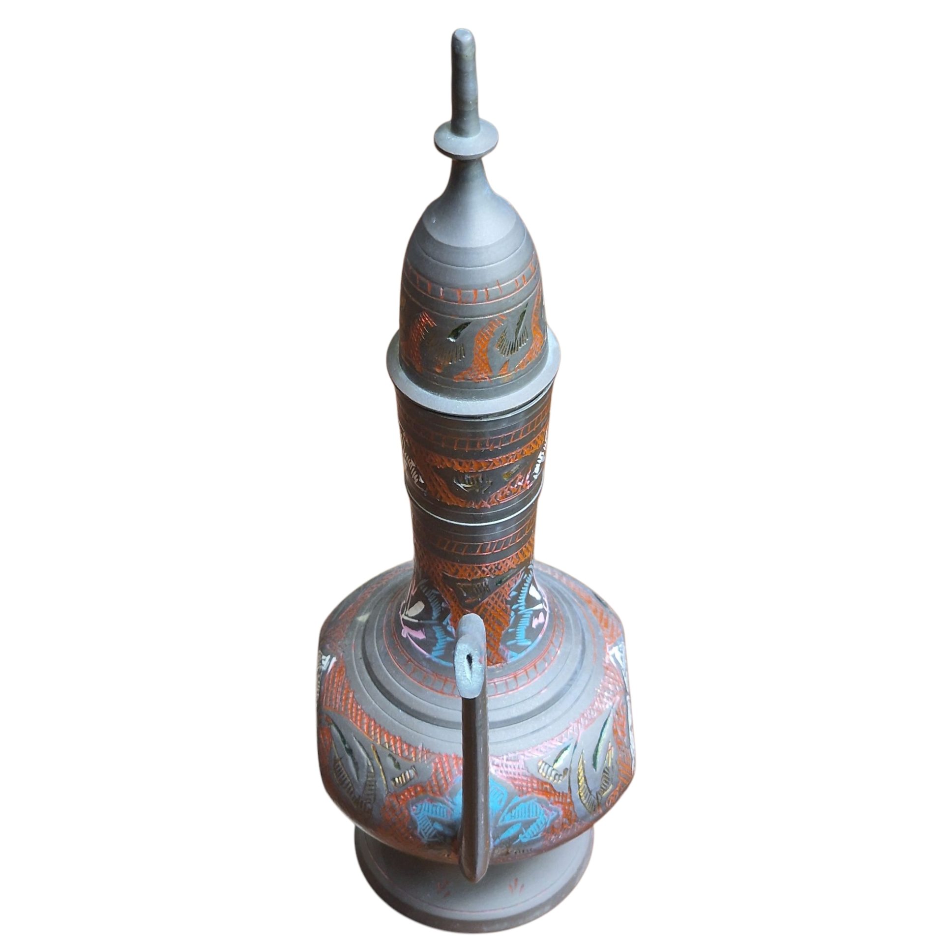 Bule indiano em cobre ornamentado com esmalte policromado