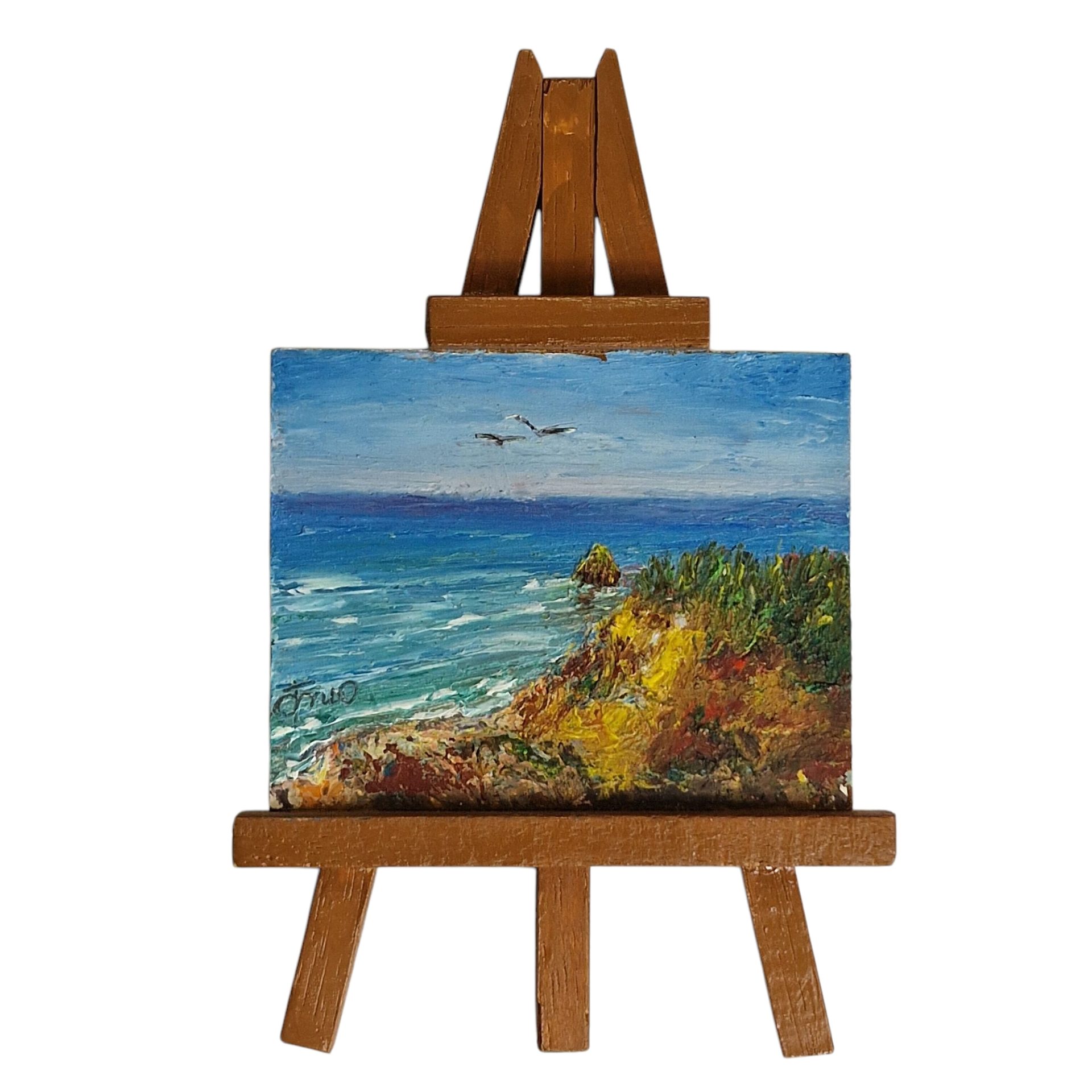 Miniatura de Paisagem Marinha com Cavalete de Madeira