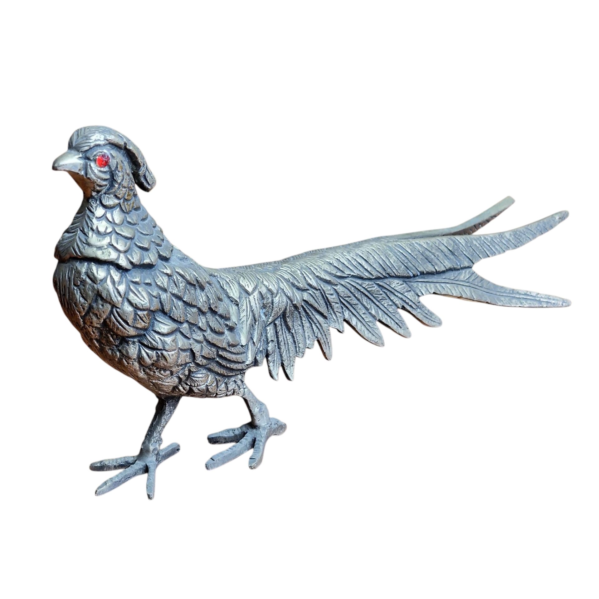 Faisão decorativo fundido em metal com olhos vermelhos