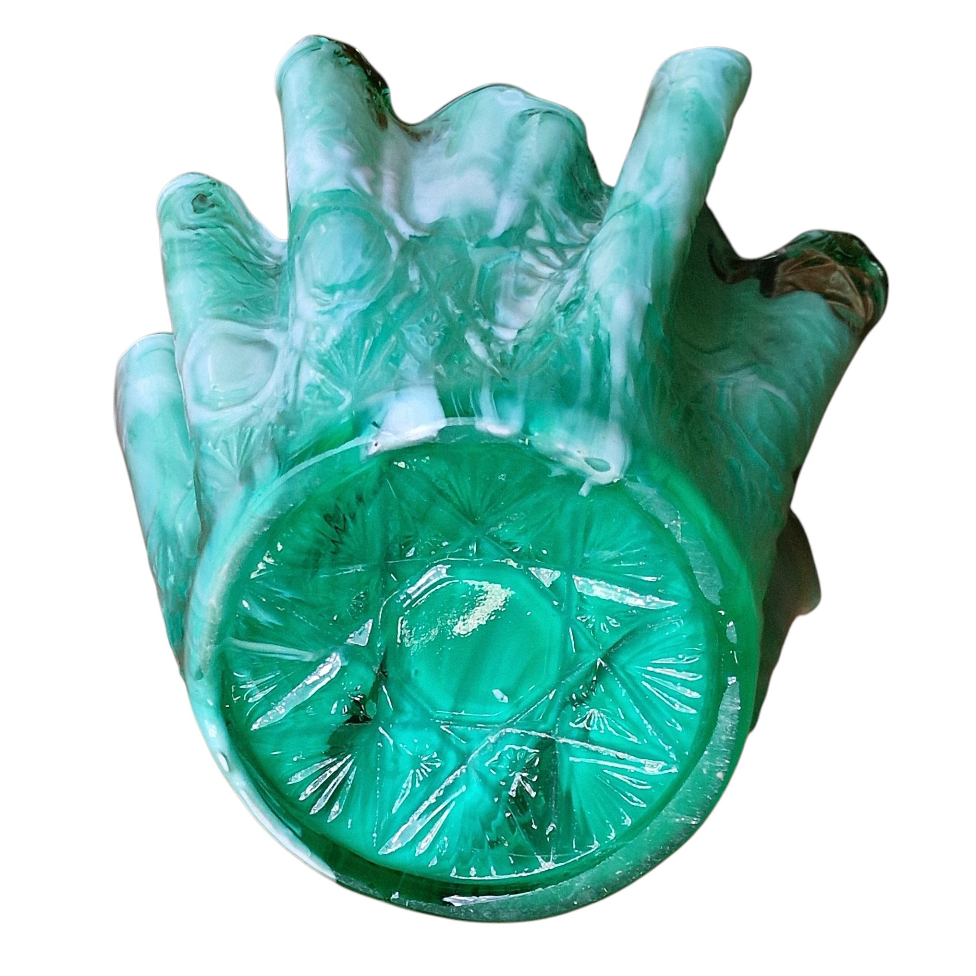 Jarra decorativa em vidro moldado com acabamento ondulado verde e branco