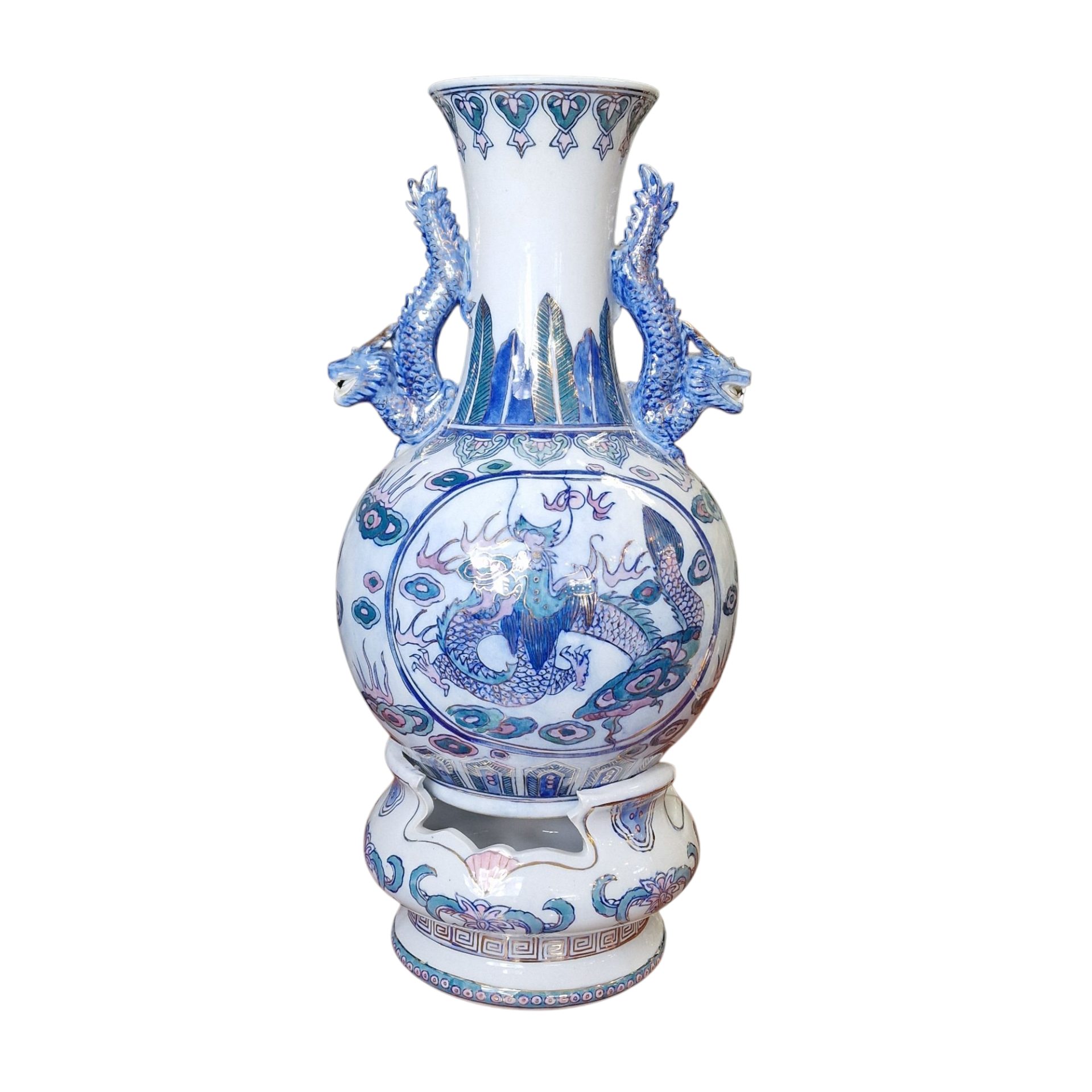 Jarra Chinesa com Dragões em Relevo e Decoração Tradicional - 38 cm