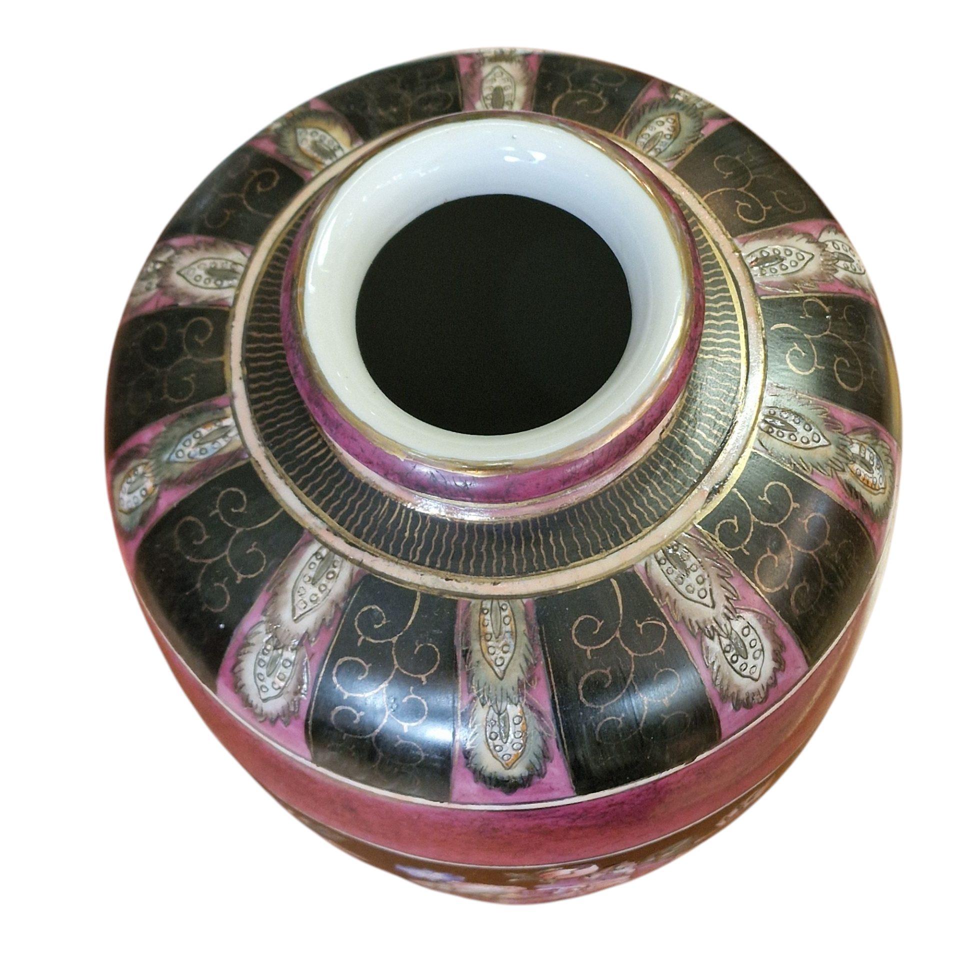 Jarra decorativa esmaltada com flores em tons rosa e preto - 36 cm