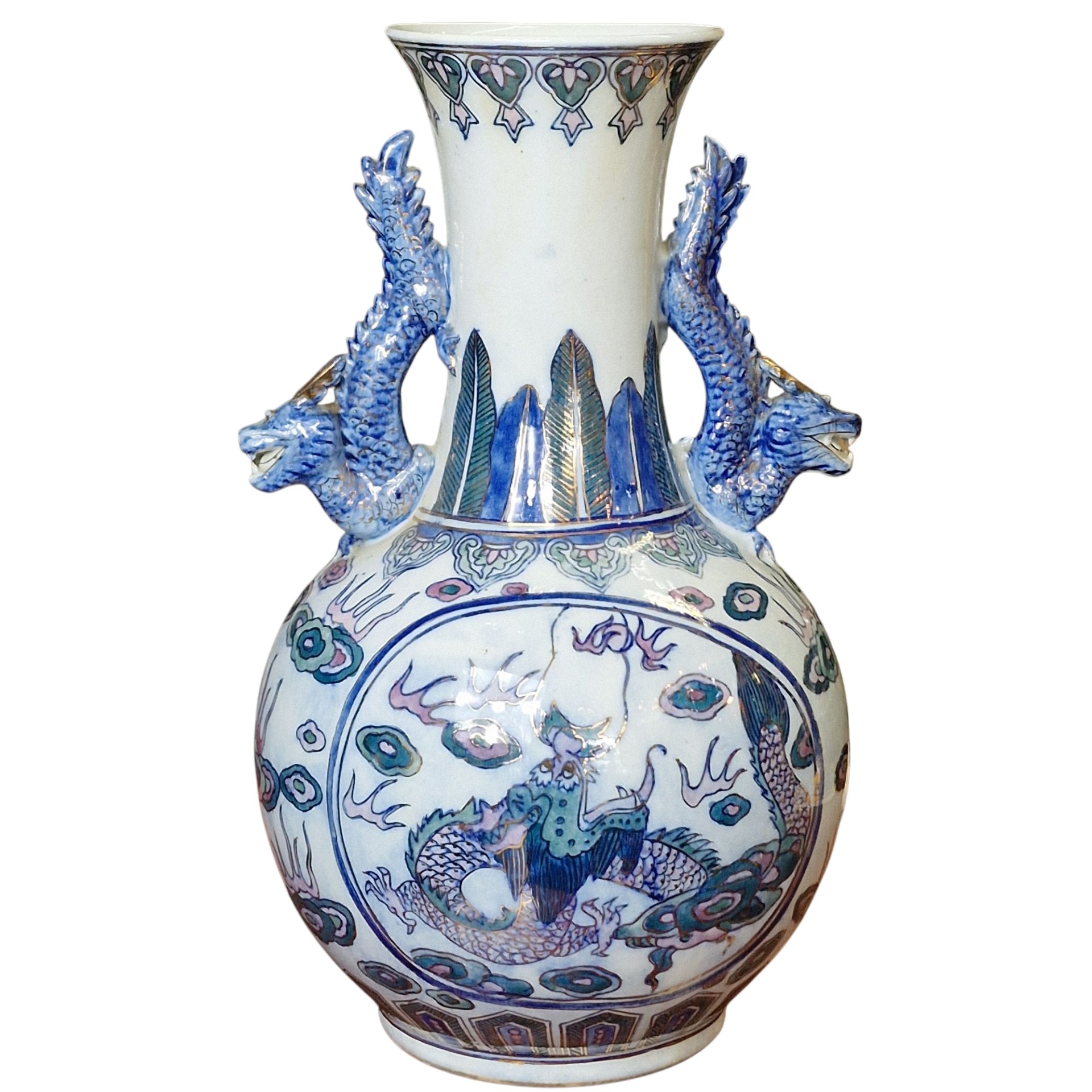 Jarra Chinesa com Dragões em Relevo e Decoração Tradicional - 38 cm