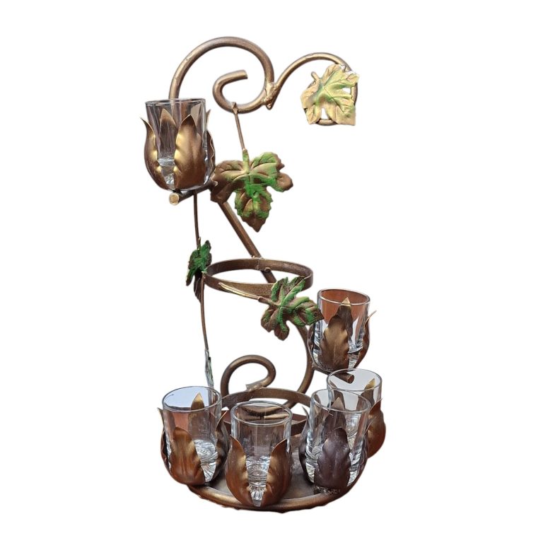 Garrafeira Decorativa com 6 Copos em Suporte de Metal com Folhagem