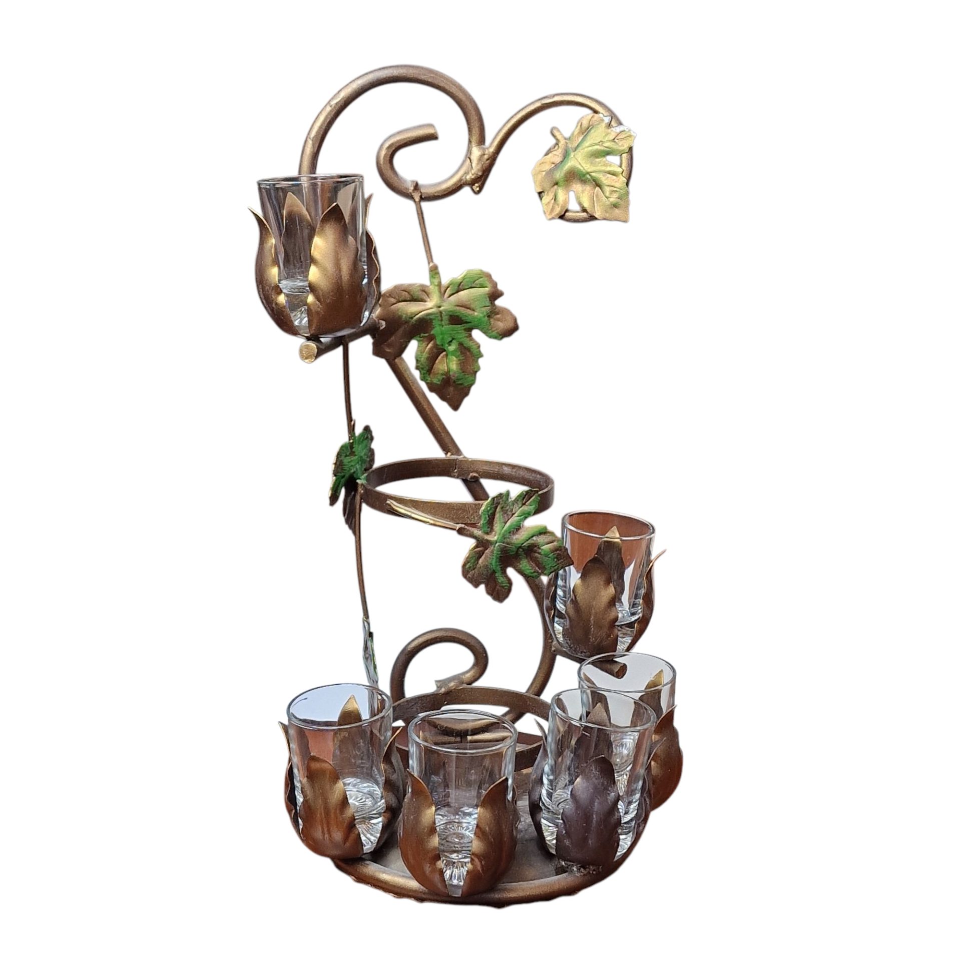 Garrafeira Decorativa com 6 Copos em Suporte de Metal com Folhagem