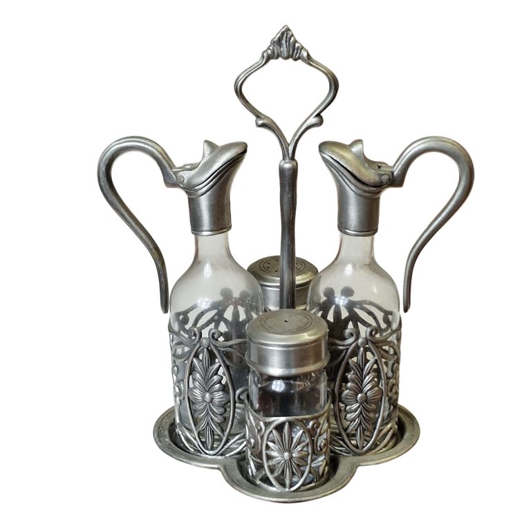 Galheteiro vintage em vidro e estanho com decoração floral em relevo