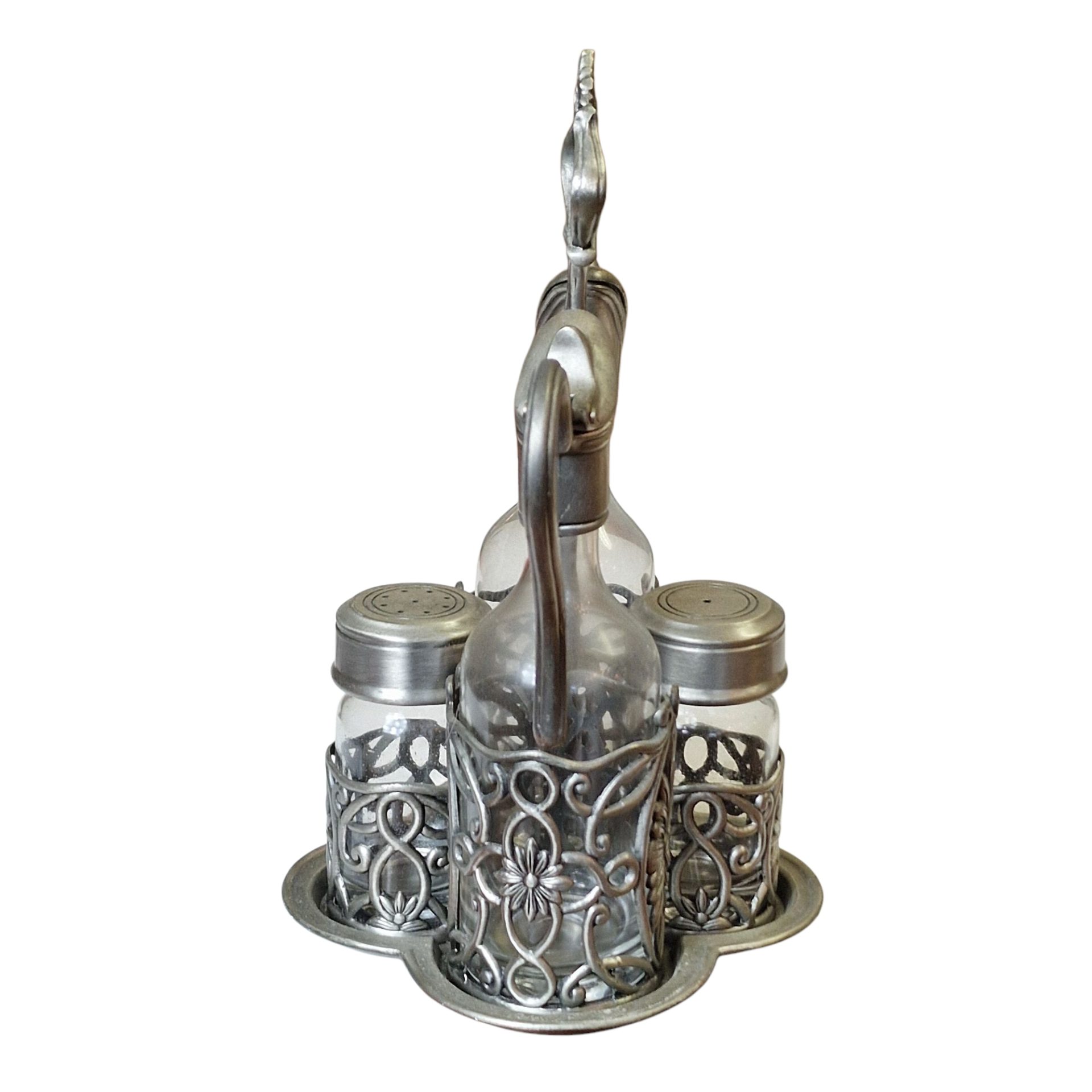 Galheteiro vintage em vidro e metal com decoração floral em relevo