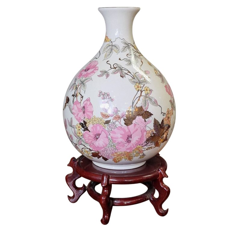 Jarra em Porcelana com Motivo Floral Rosa – Panda – 40 cm