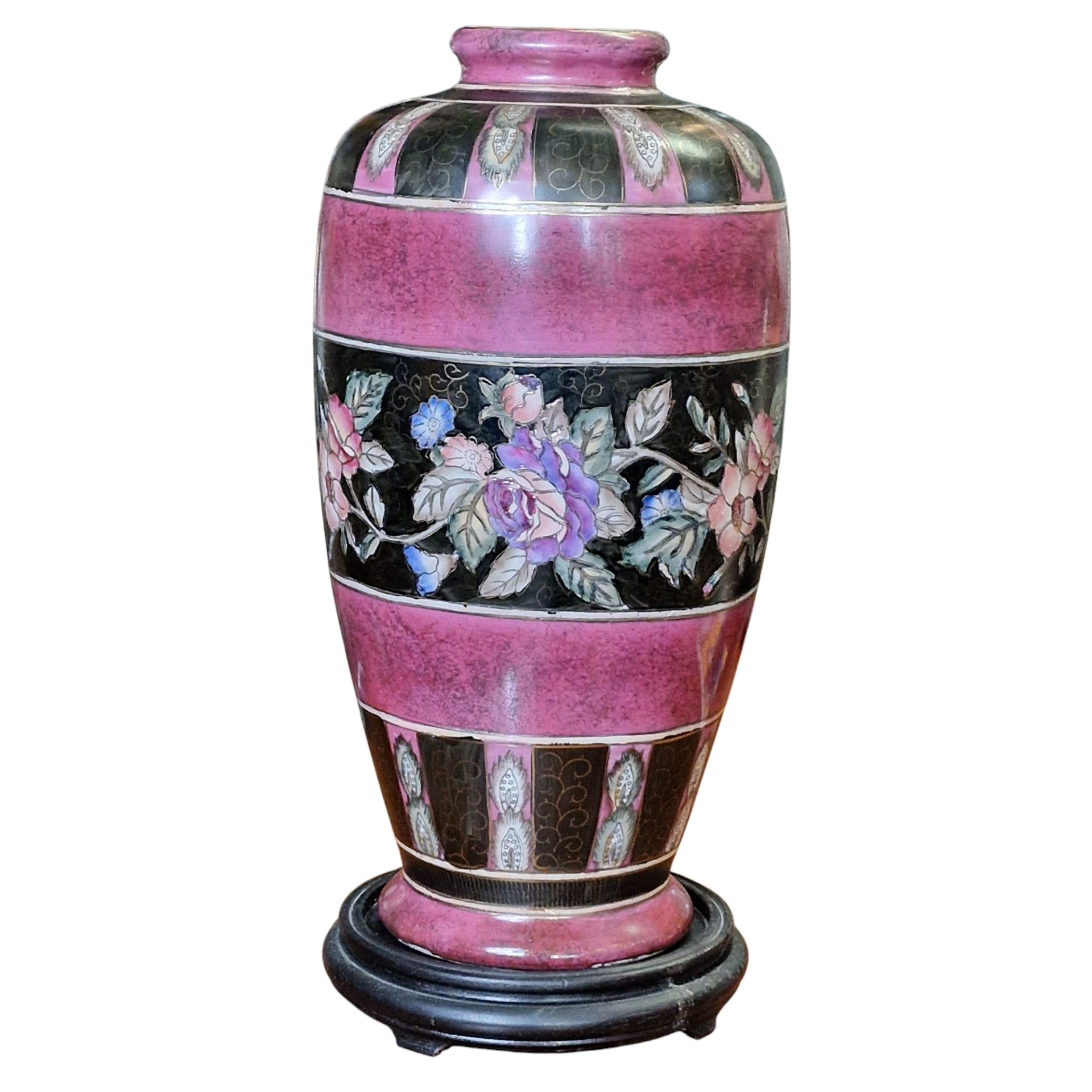 Jarra decorativa esmaltada com flores em tons rosa e preto - 36 cm