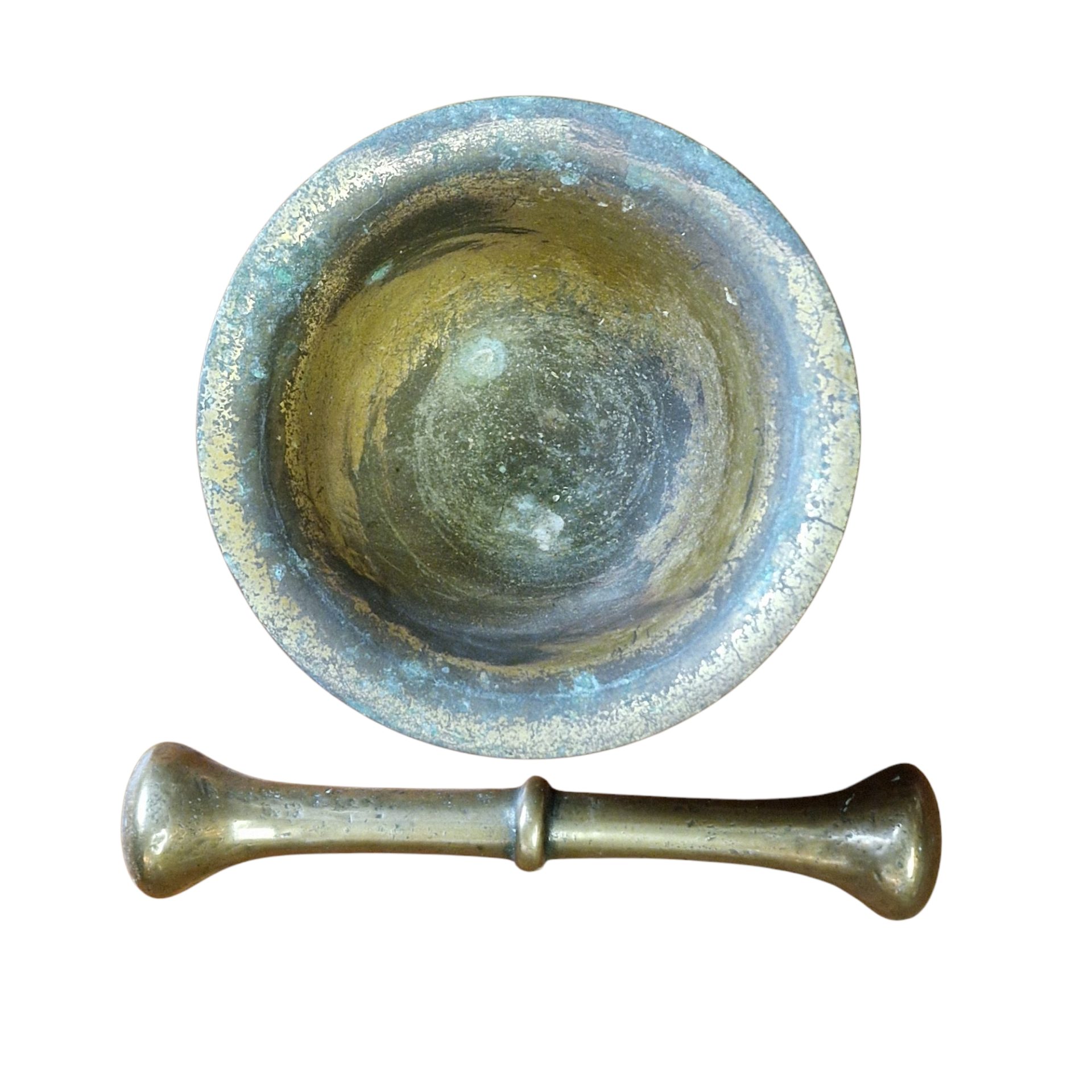 Almofariz em bronze com pilão e decoração de cabeças de leão