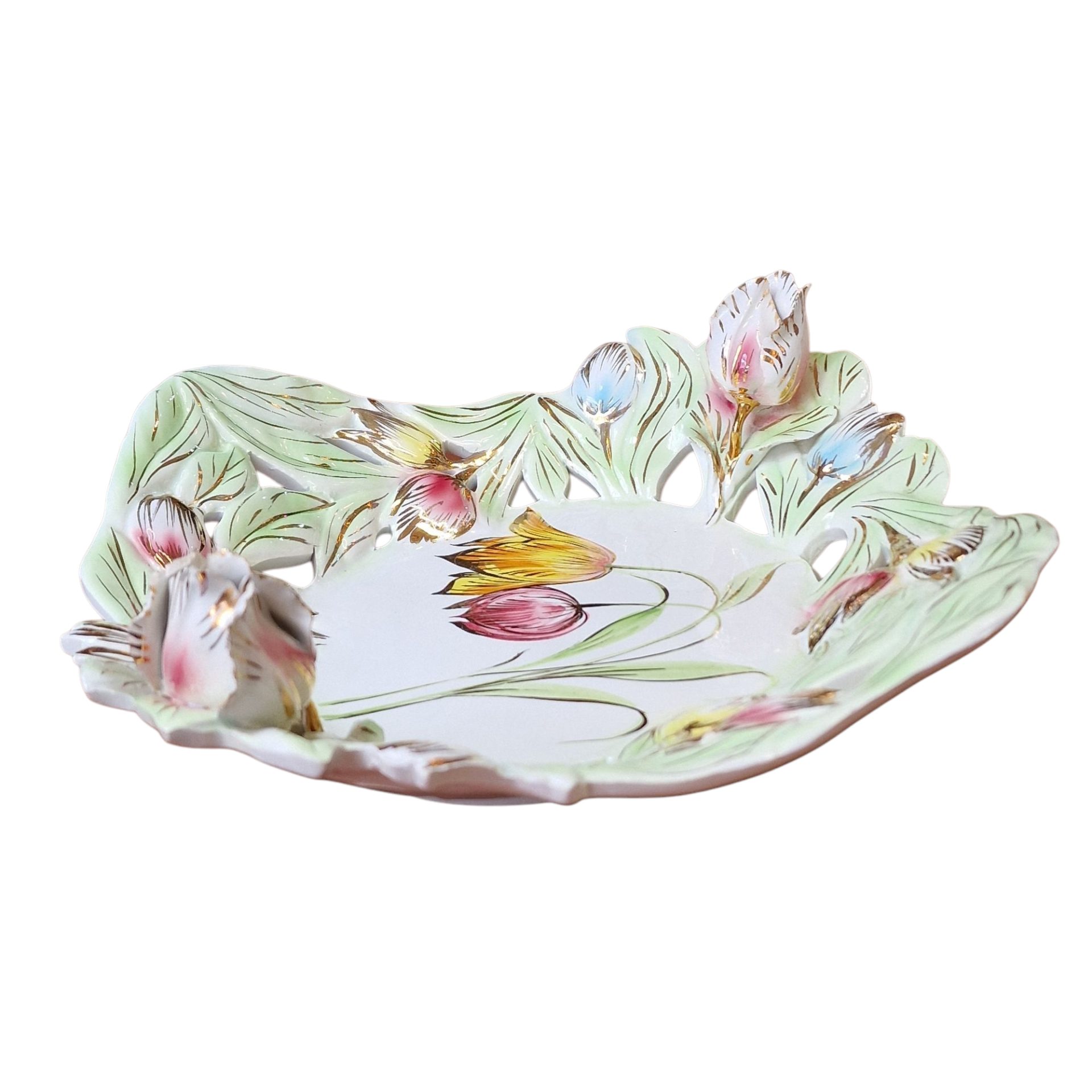 Prato Italiano com Flores em Relevo – Pintado à Mão com Detalhes Dourados