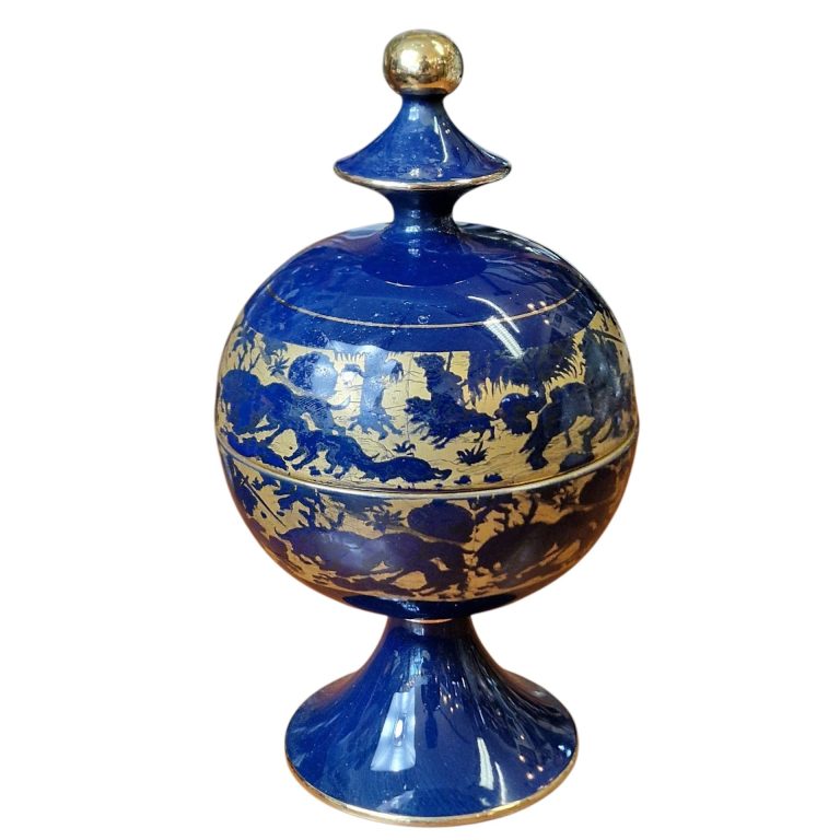 Pote Cerâmico Azul com Cenas Douradas – Il Verrocchio, Florença, Itália – 24cm