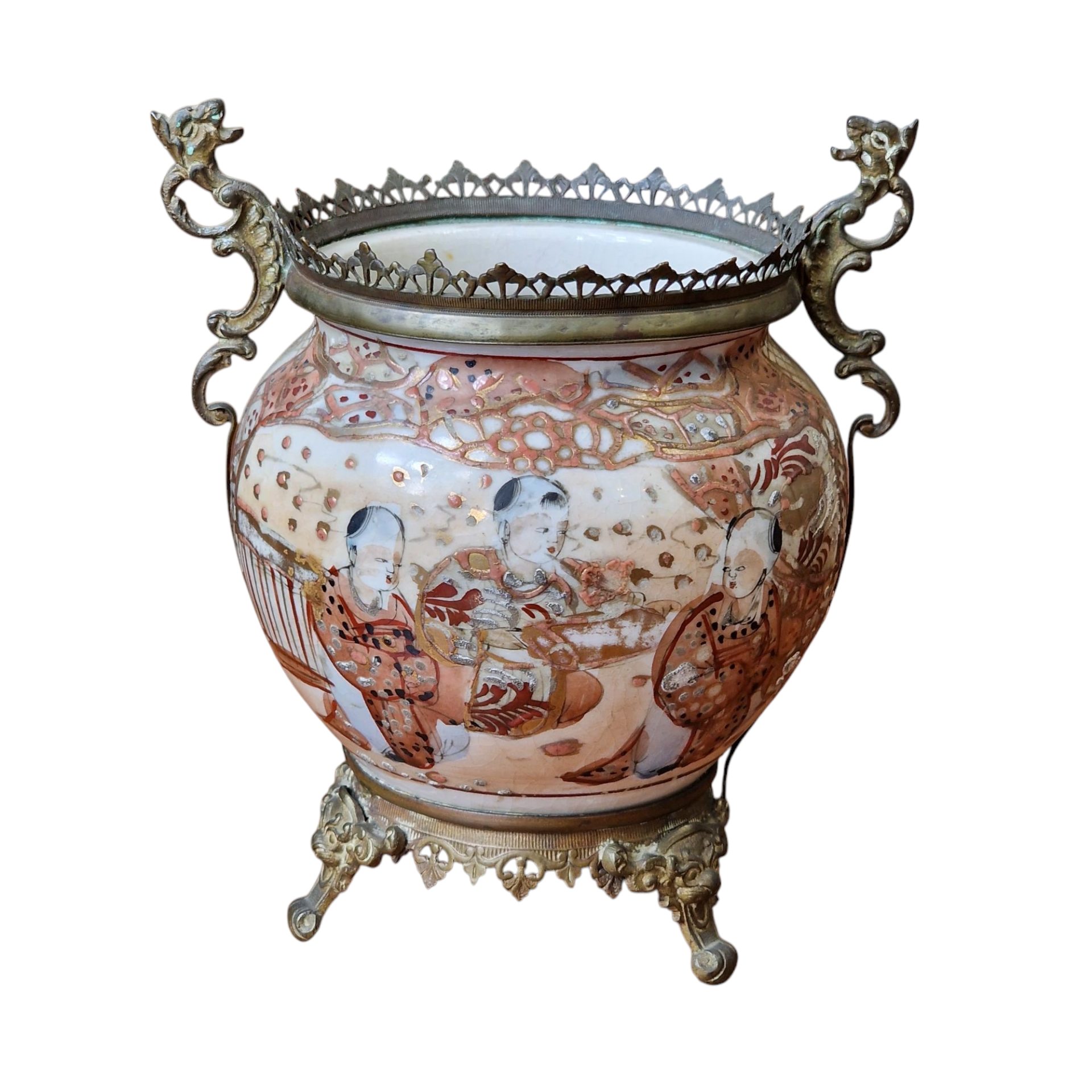 Pote cerâmico oriental com estrutura metálica – decoração figurativa em estilo Imari