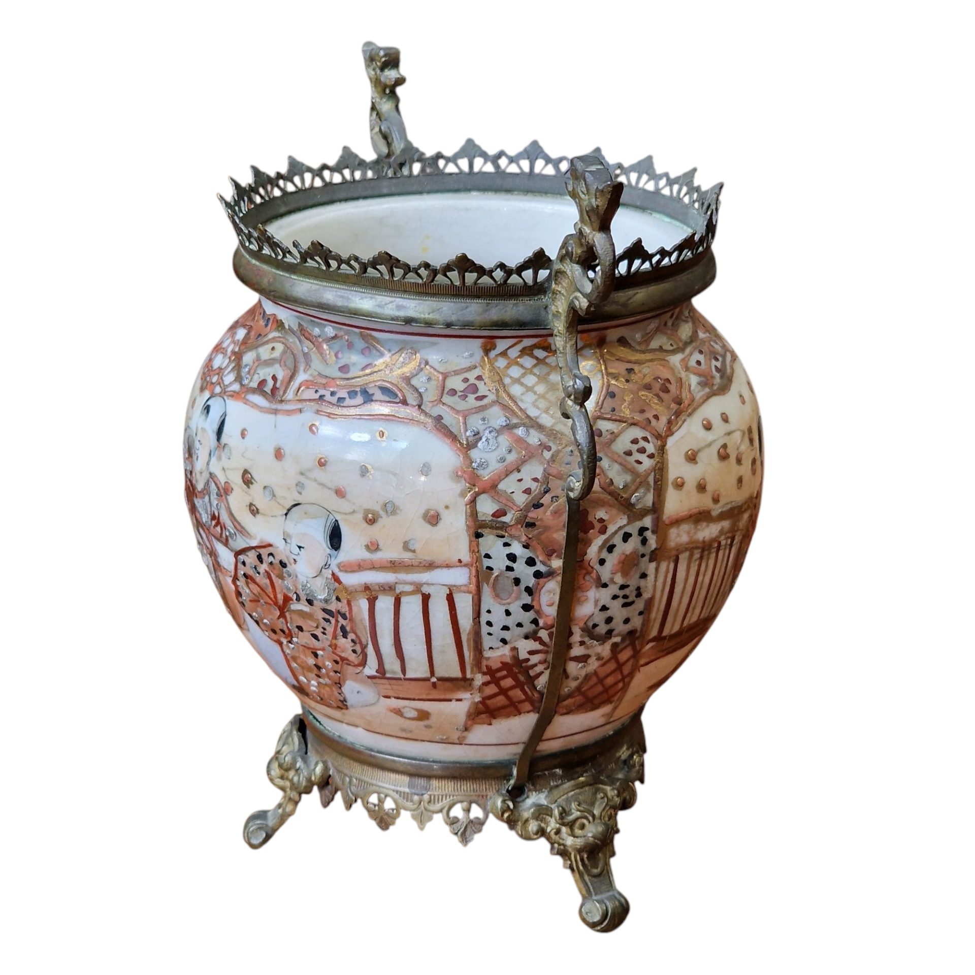 Pote cerâmico oriental com estrutura metálica – decoração figurativa em estilo Imari