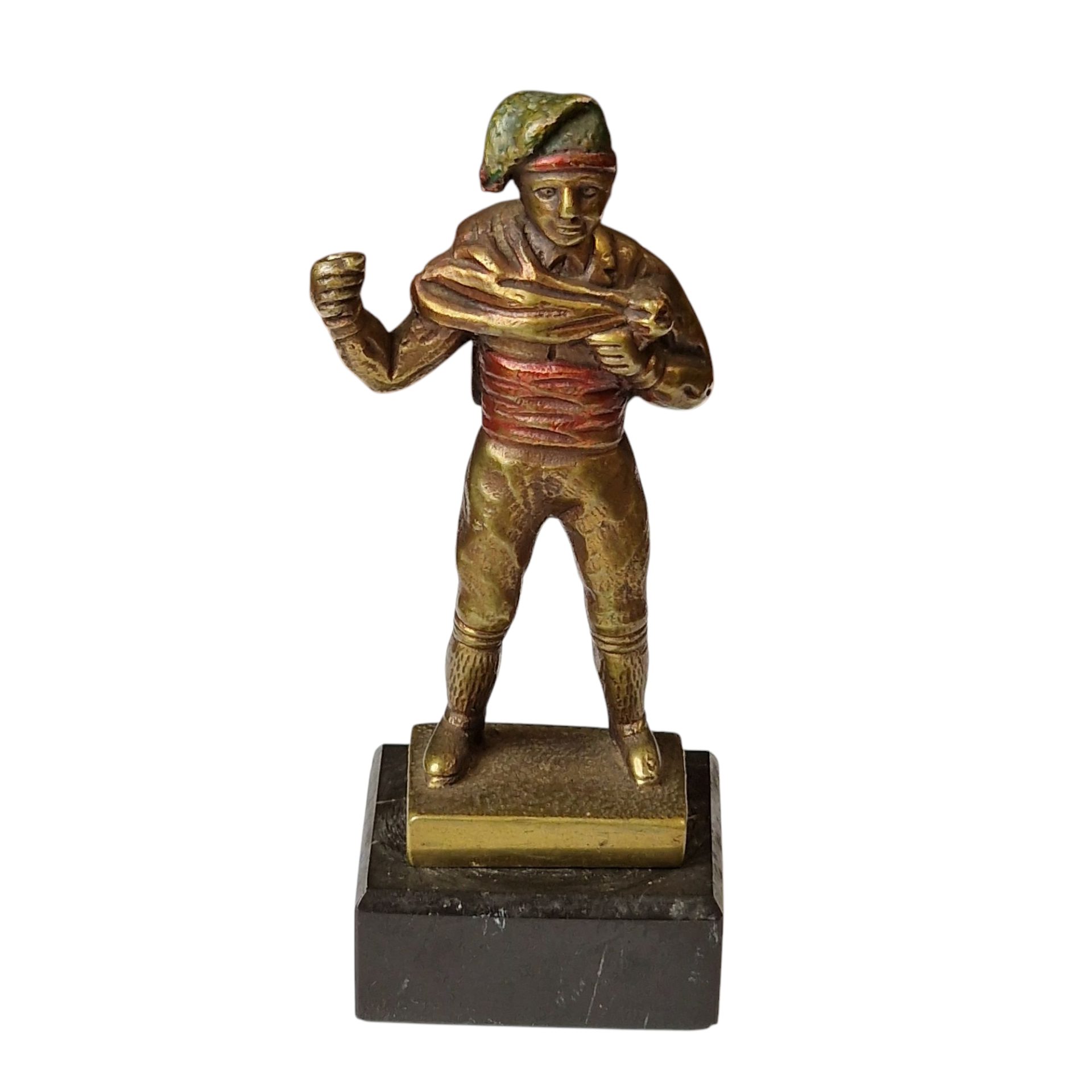 Estatueta de Forcado Português em Metal Pintado Sobre Base de Mármore