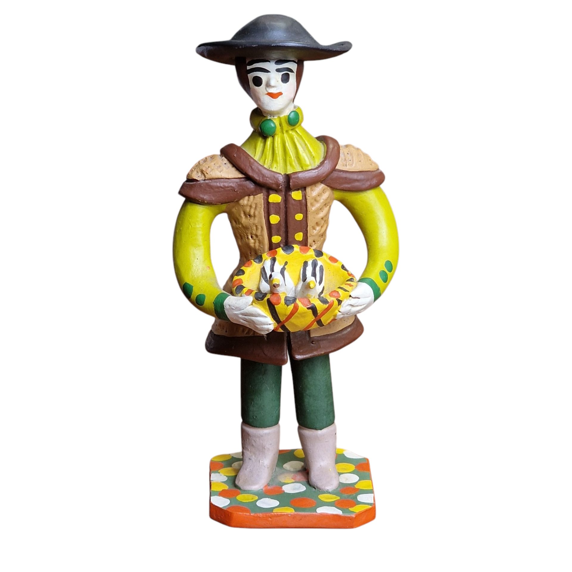  Boneco de Estremoz em Barro Policromado com Cesto de Pássaros