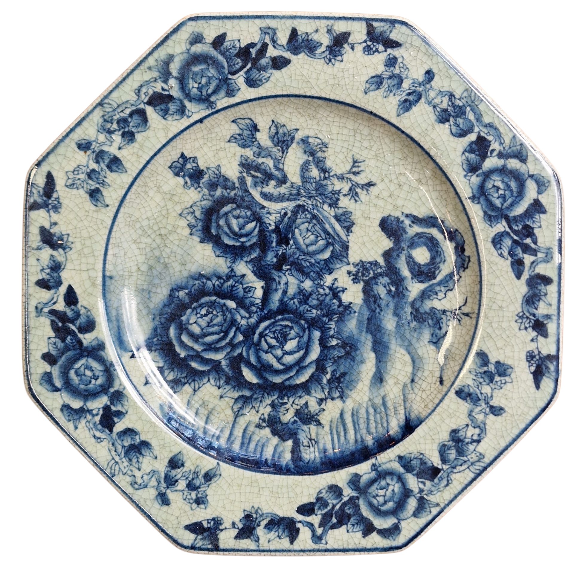 Prato Cerâmico Octogonal com Motivo Floral Azul