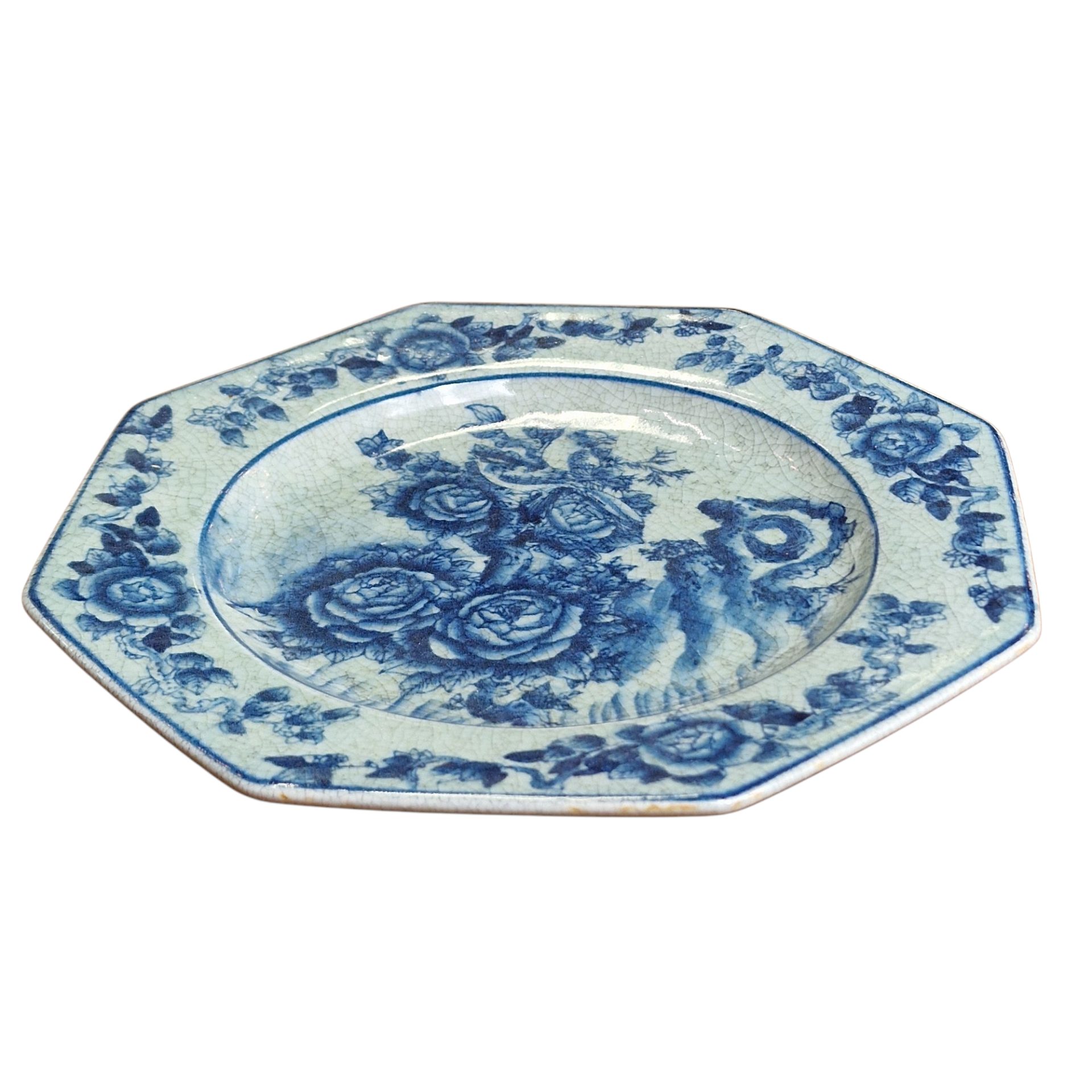 Prato Cerâmico Octogonal com Motivo Floral Azul
