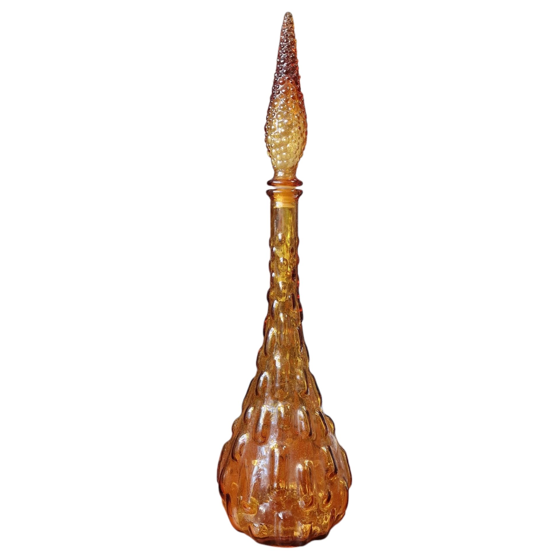 Garrafa decorativa italiana em vidro âmbar moldado com tampa texturada