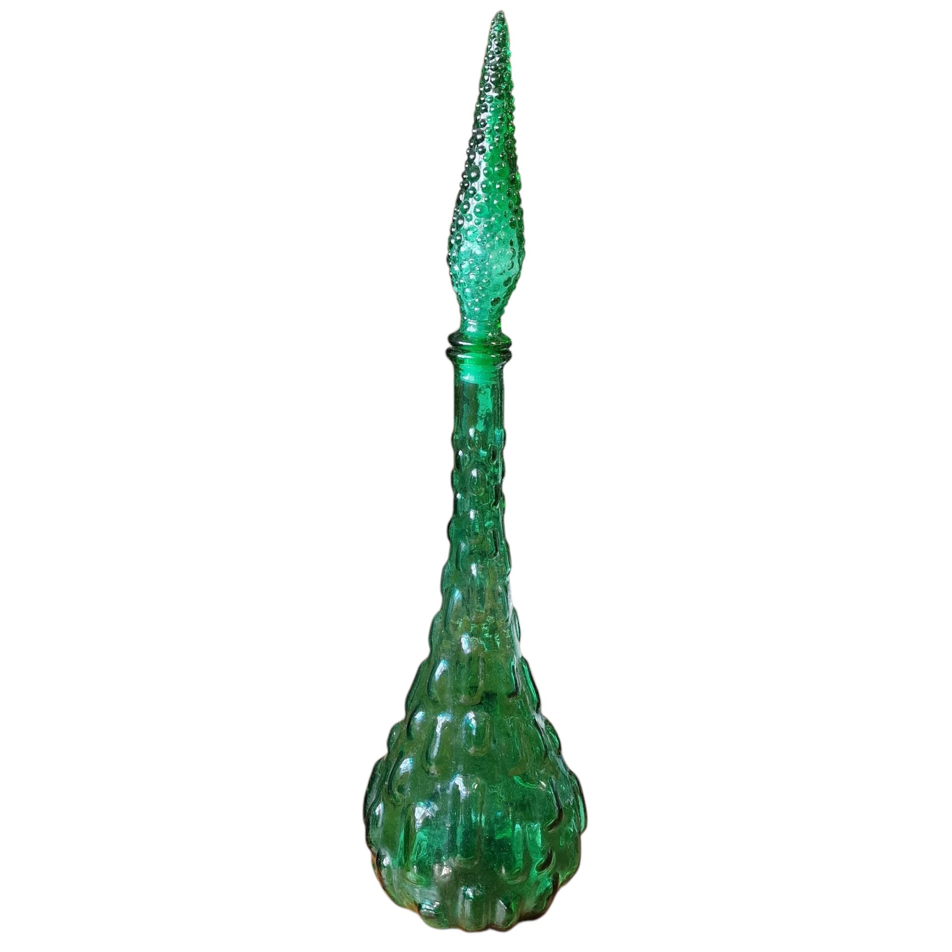 Garrafa Decorativa Italiana em Vidro Verde Moldado com Tampa Texturada