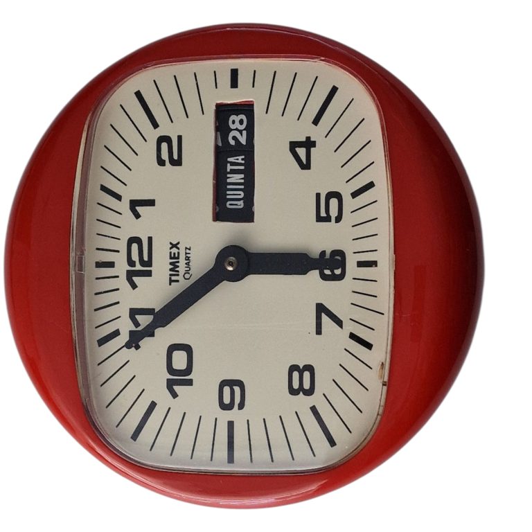 Relógio de Parede Vintage Timex Quartz Vermelho com Calendário – Raro, Made in France