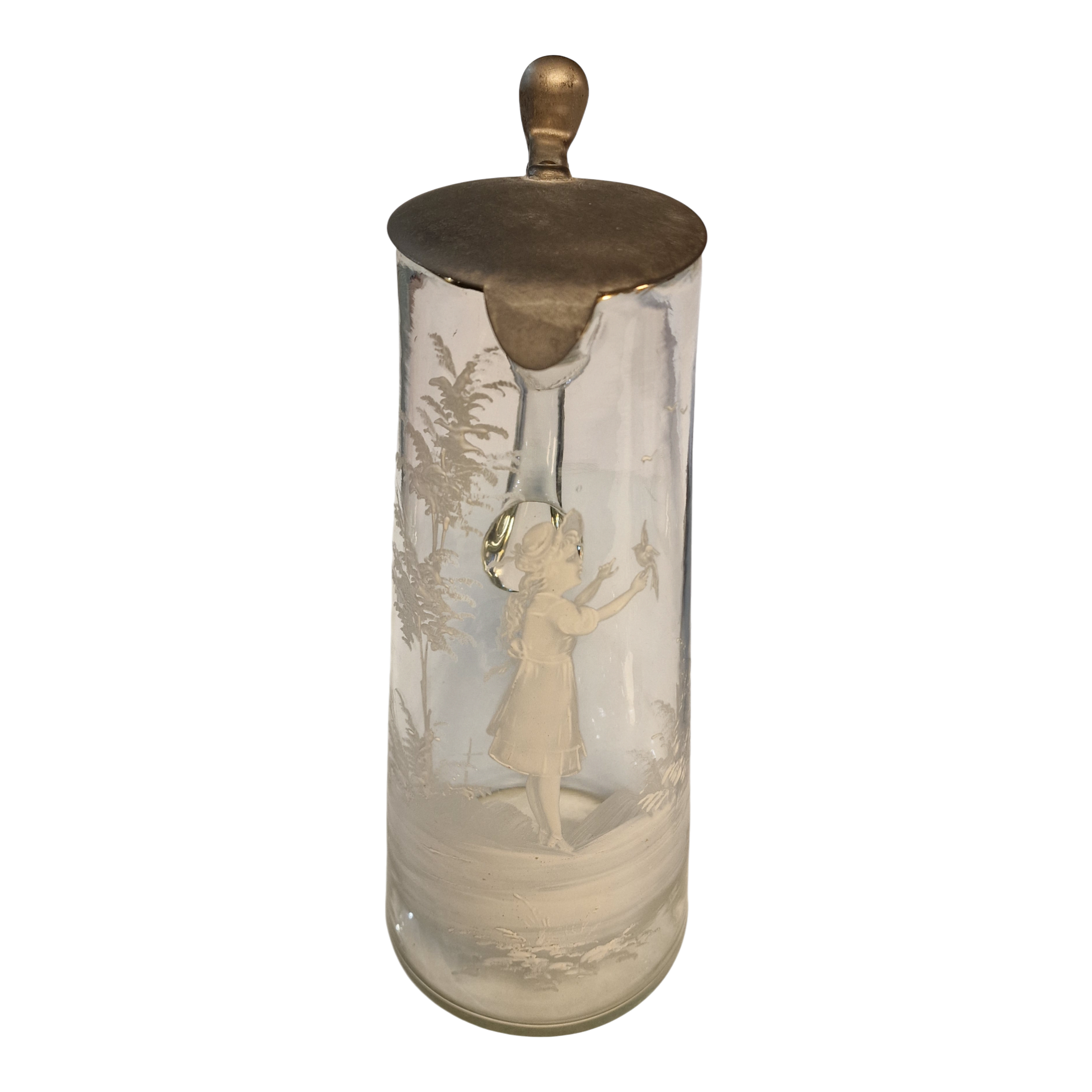 Jarra antiga em vidro pintado a esmalte com tampa metálica – 27,5 cm