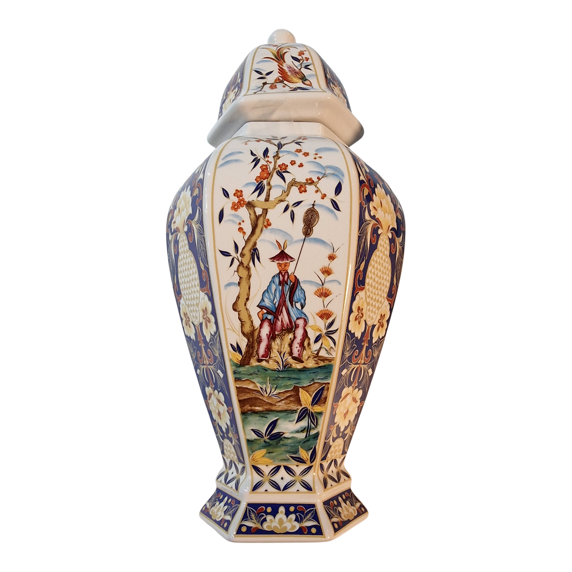 Pote decorativo hexagonal com tampa em porcelana PANDA 35,5cm