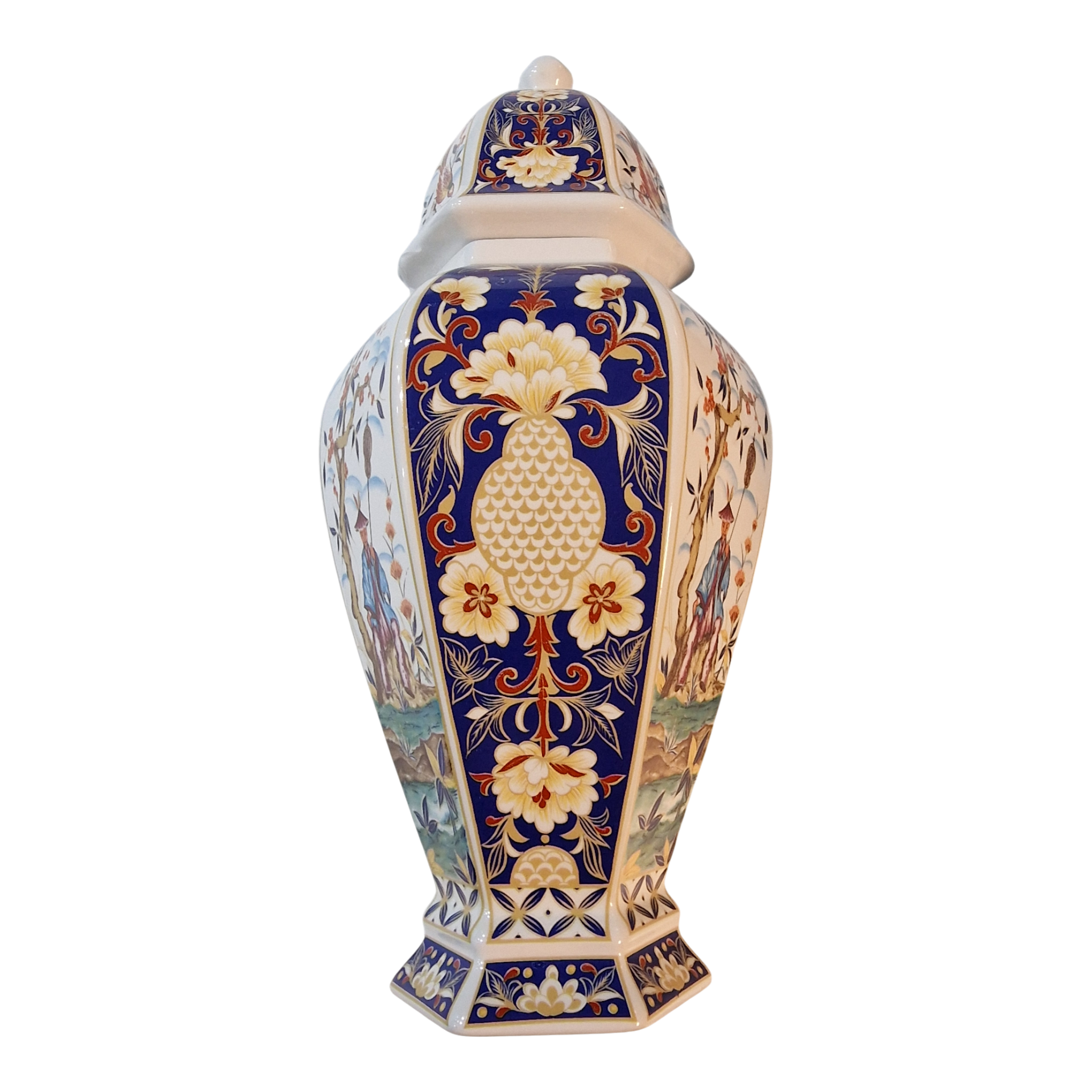 Pote decorativo hexagonal com tampa em porcelana PANDA 35,5cm