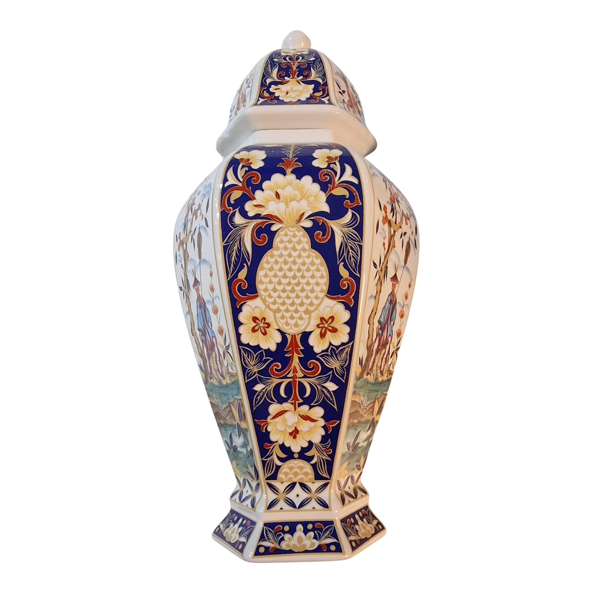 Pote decorativo hexagonal com tampa em porcelana PANDA 35,5cm