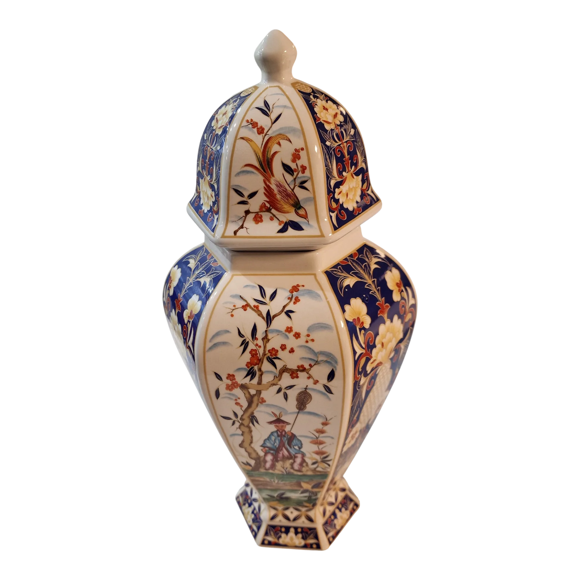 Pote decorativo hexagonal com tampa em porcelana PANDA 35,5cm