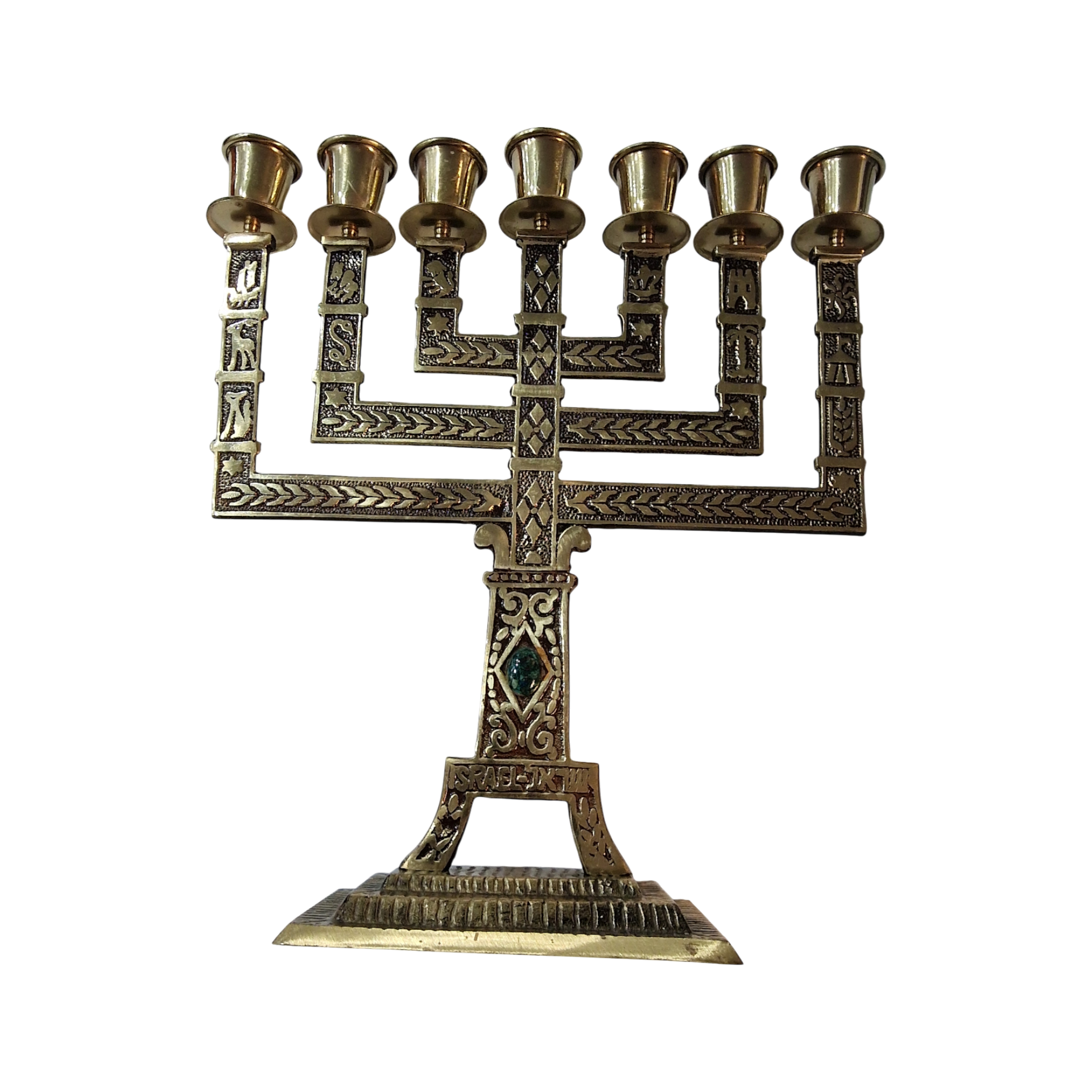 Menorá judaica de 7 braços em latão com pedra natural – Israel