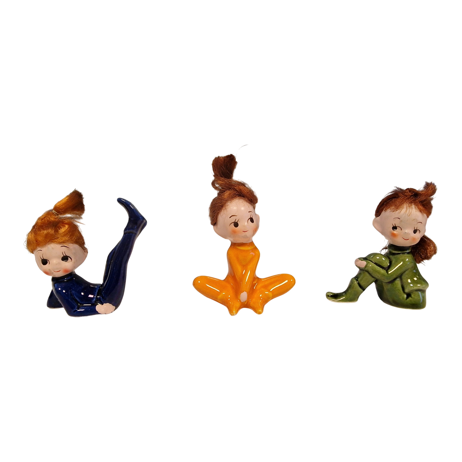 Conjunto de 3 bonecas vintage em porcelana com cabelo em fibra sintética