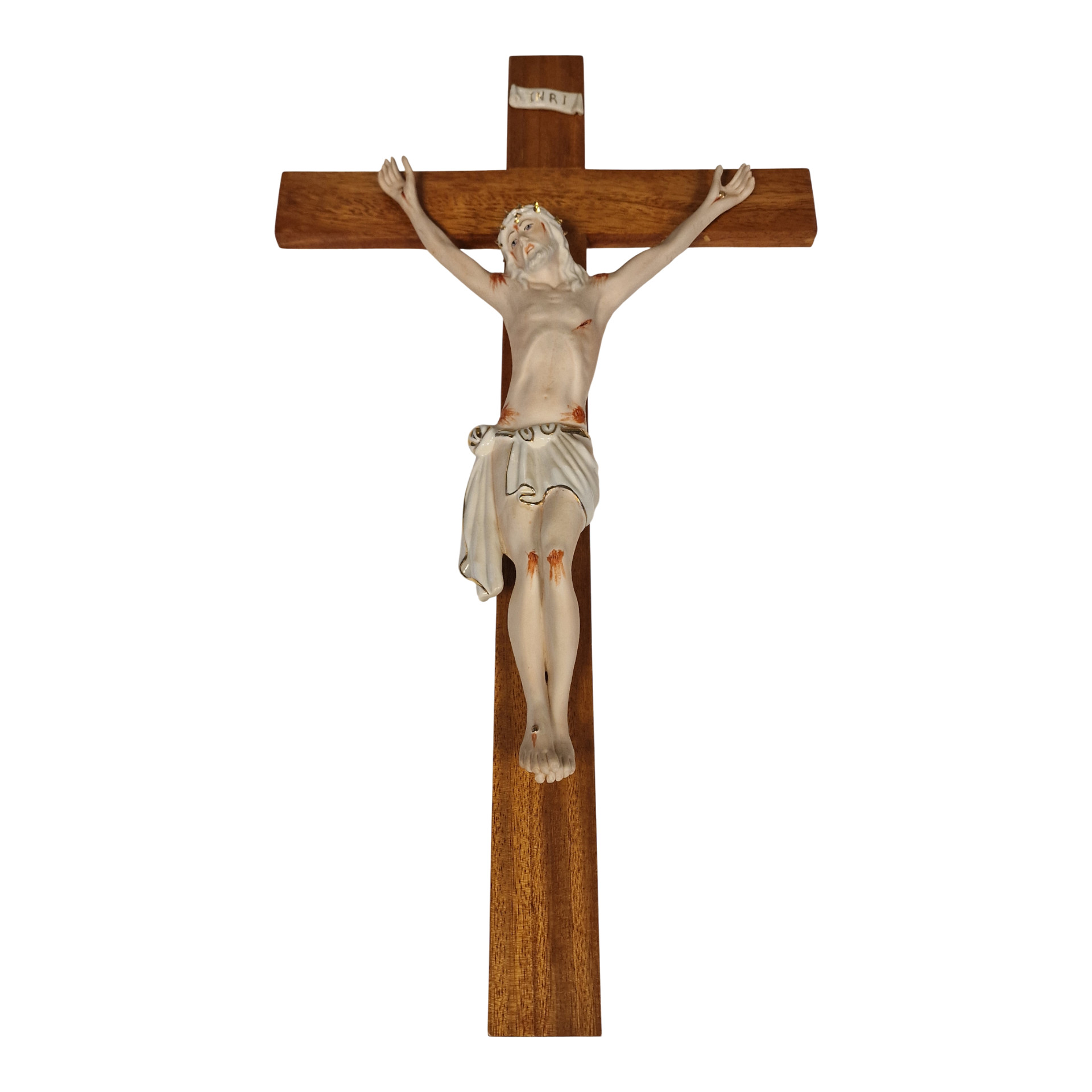 Crucifixo em madeira com Cristo em porcelana – 53 × 30 cm (figura 35 × 21 cm)