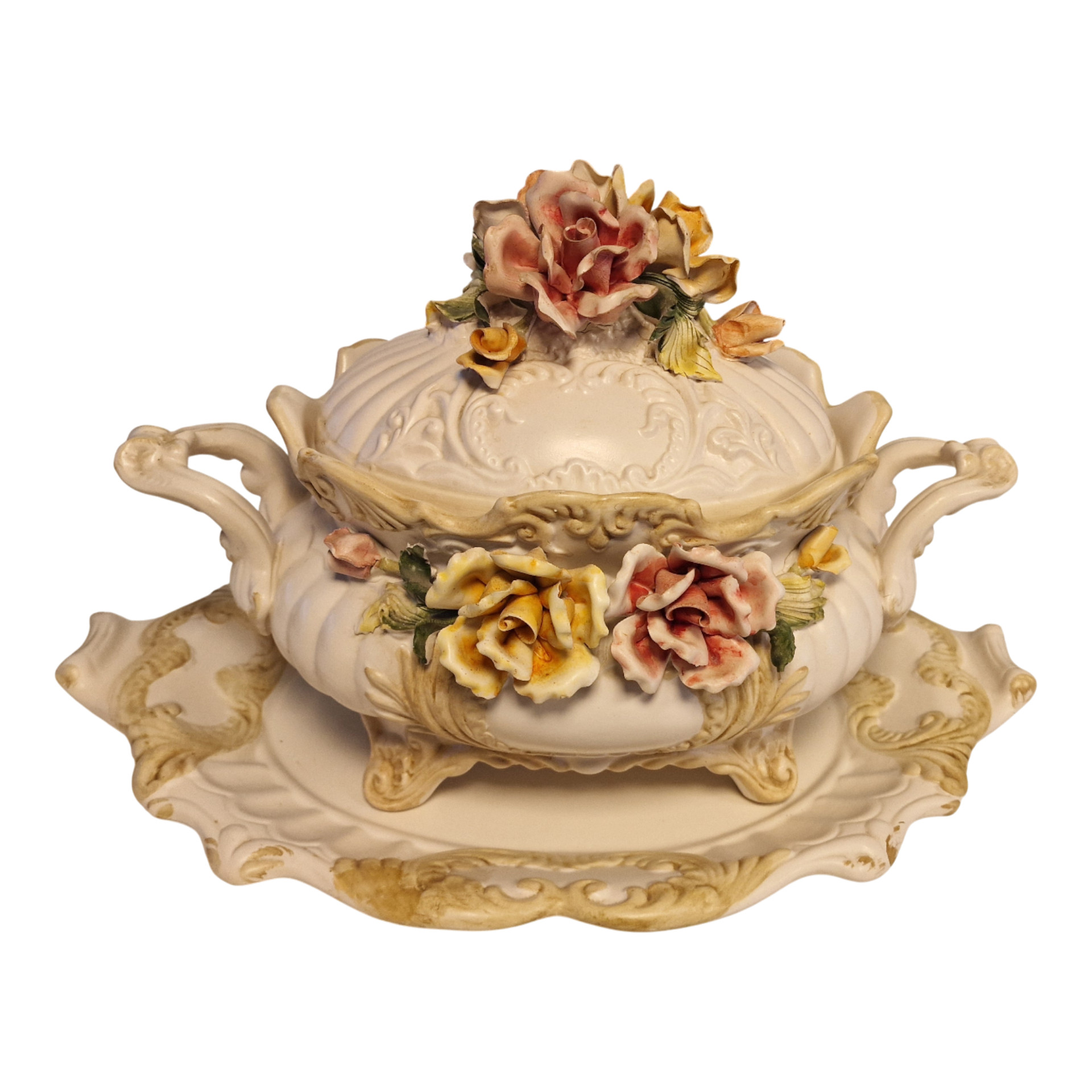 Terrina Capodimonte com base e flores aplicadas à mão – Made in Italy – 25 cm altura x 38 cm largura