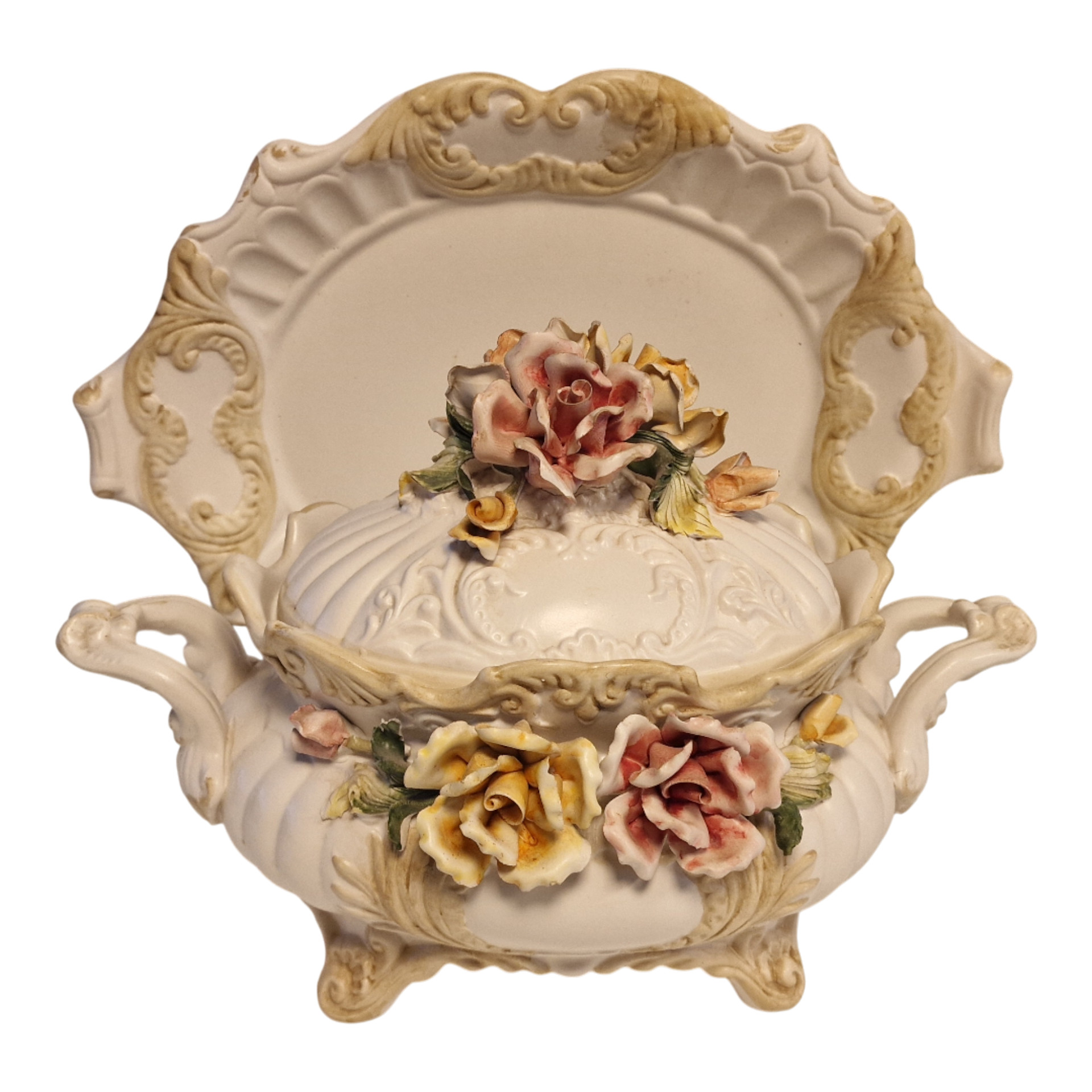 Terrina Capodimonte com base e flores aplicadas à mão – Made in Italy – 25 cm altura x 38 cm largura