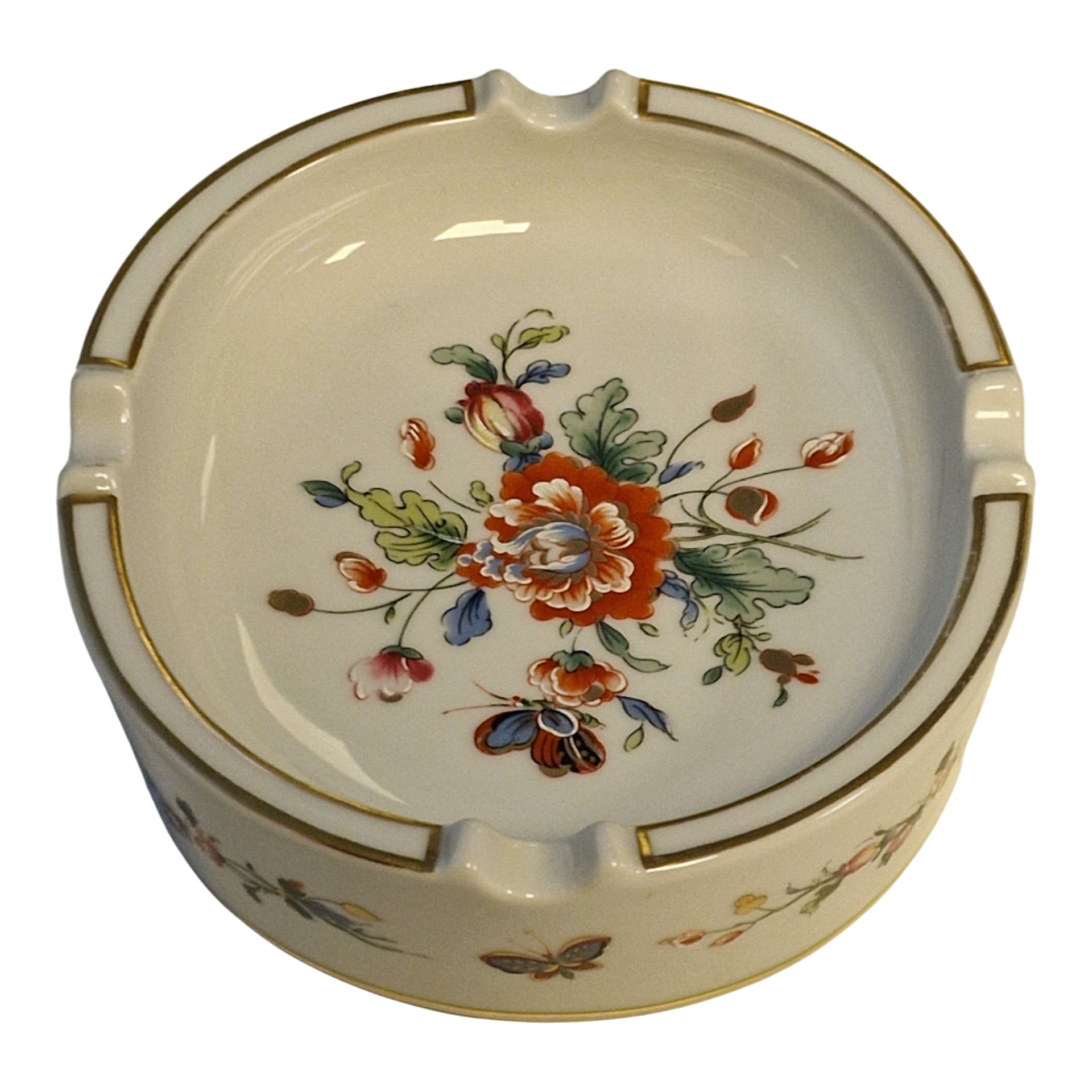 Cinzeiro “Primavera” – Porcel Portugal – Porcelana decorada com flores e filete dourado – 15×3×4cm