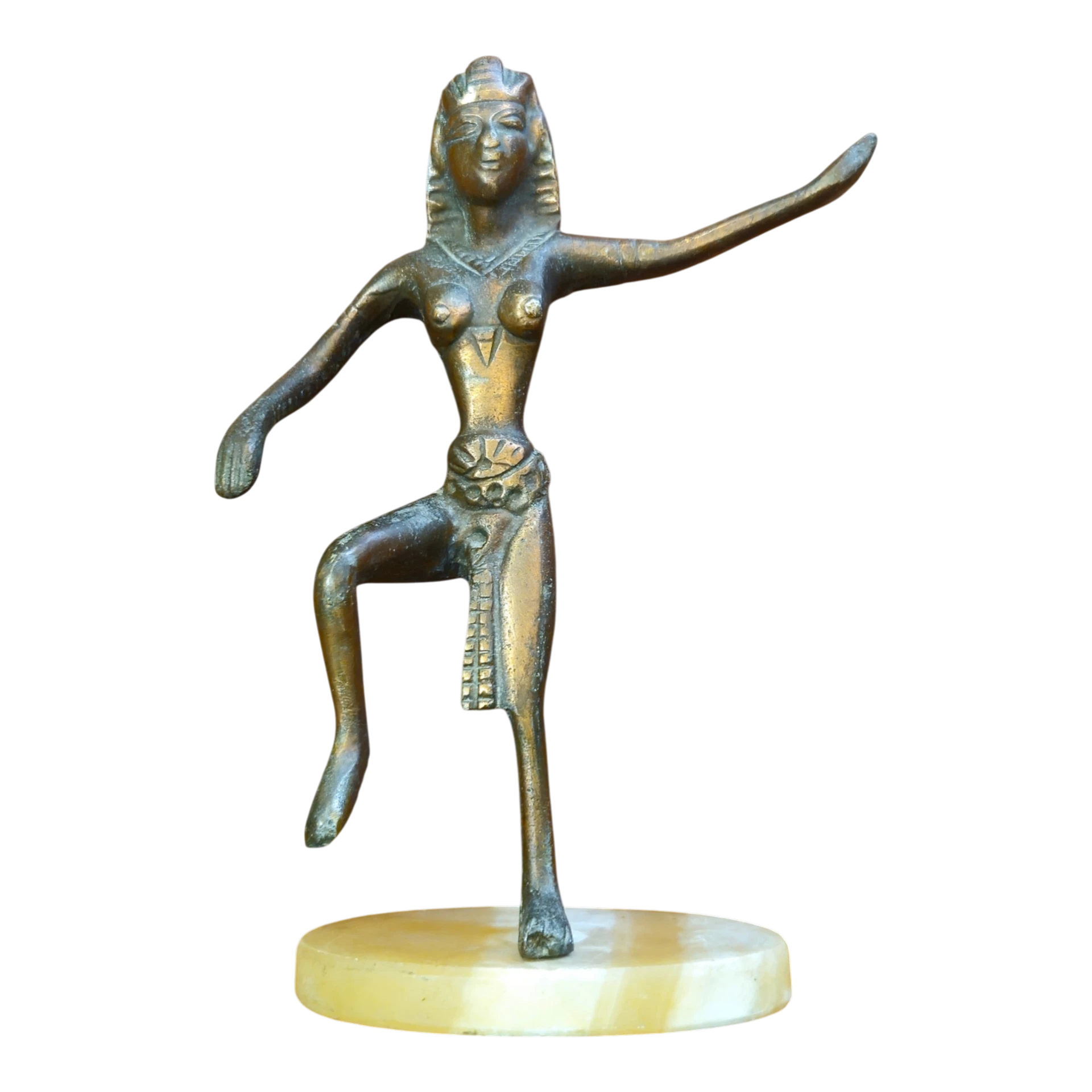 Estatueta Egípcia Decorativa em Metal com Base em Ónix – Figura Dançante