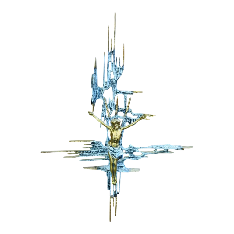 Crucifixo modernista de parede em metal 55x40cm – Arte Sacra Vintage