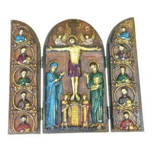 Ícone Religioso Triptico – Crucificação de Cristo com os 12 Apóstolos