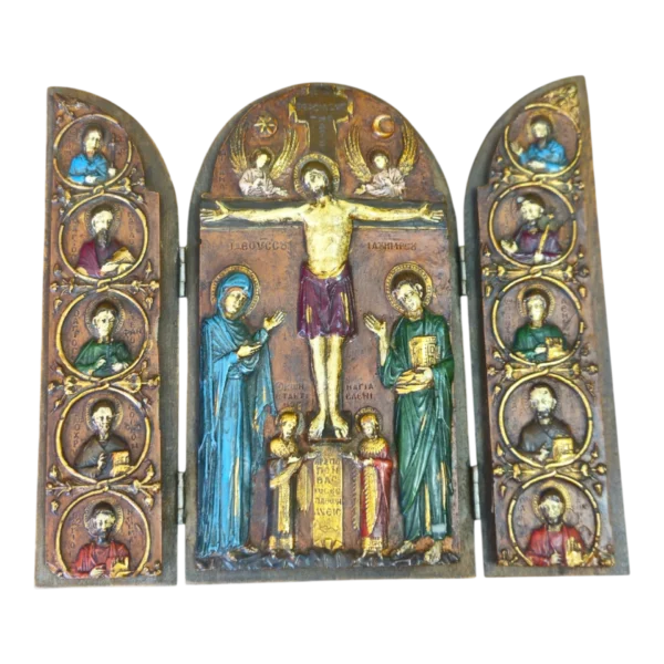 Ícone Religioso Triptico – Crucificação de Cristo com os 12 Apóstolos