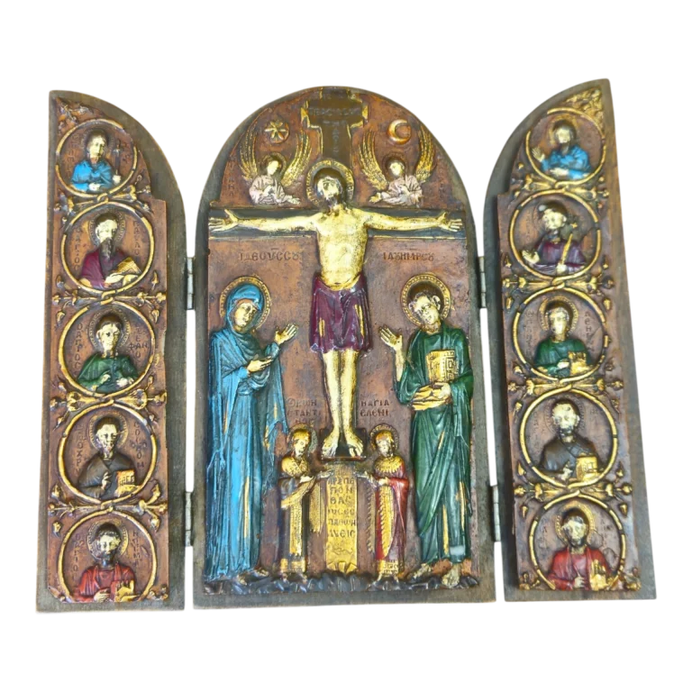 Ícone Religioso Triptico – Crucificação de Cristo com os 12 Apóstolos