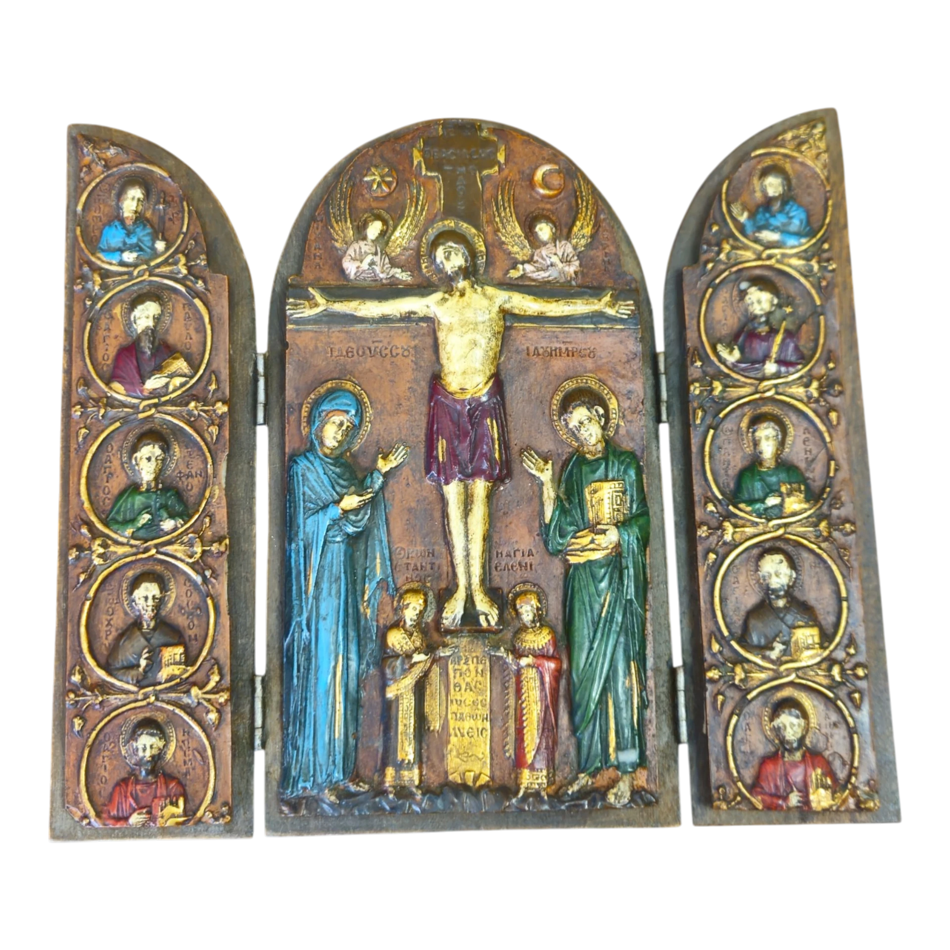 Ícone Religioso Triptico – Crucificação de Cristo com os 12 Apóstolos