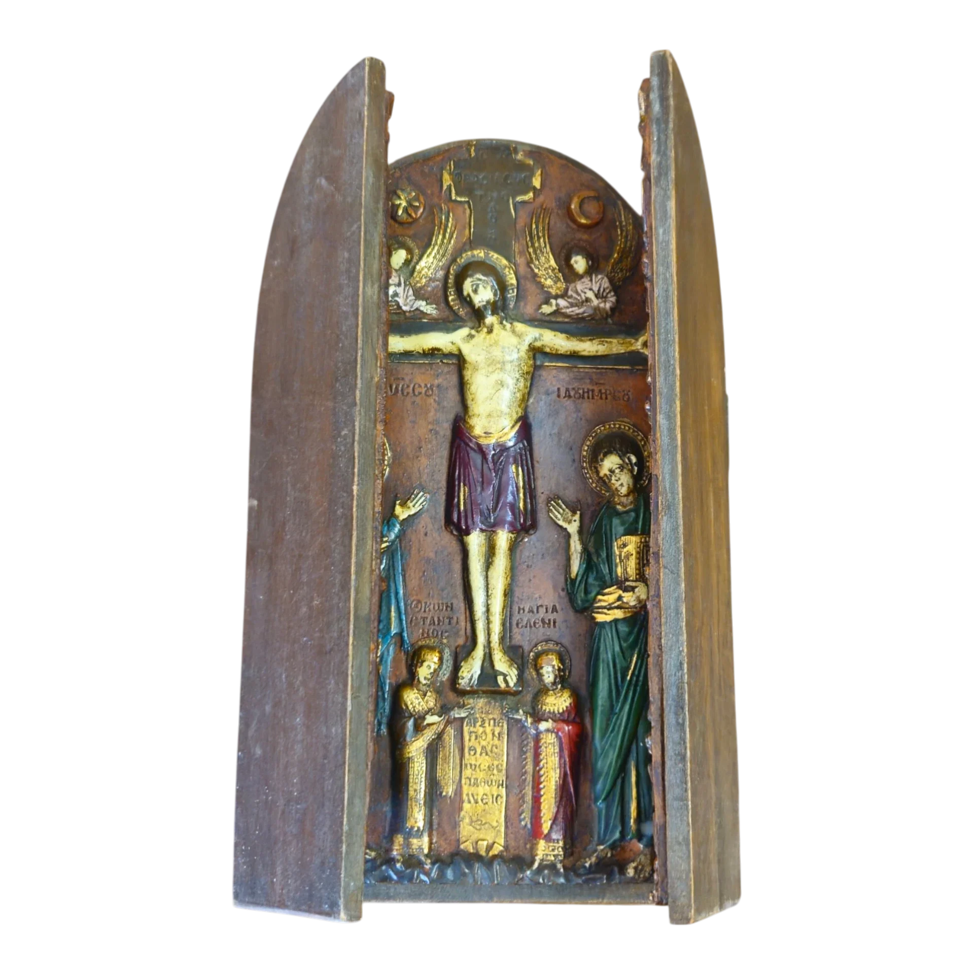 Ícone Religioso Triptico – Crucificação de Cristo com os 12 Apóstolos